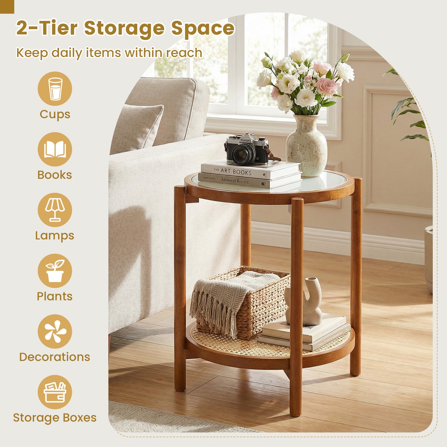 Costway Salontafel in Boho Stijl met Glazen Blad en Rattan Opbergruimte
