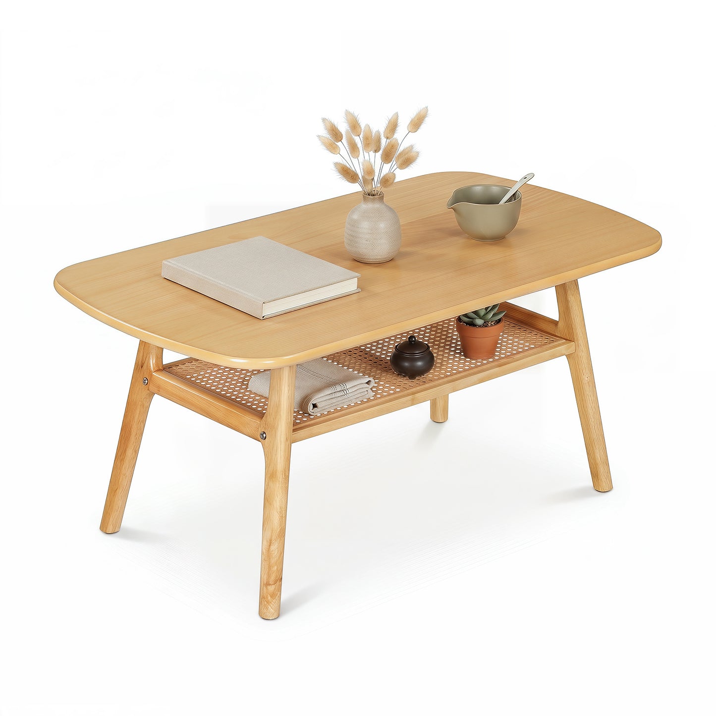 Costway Salontafel met Rotan Plank Rechthoekige Salontafel met Twee Niveaus en Poten van Rubberhout Naturel