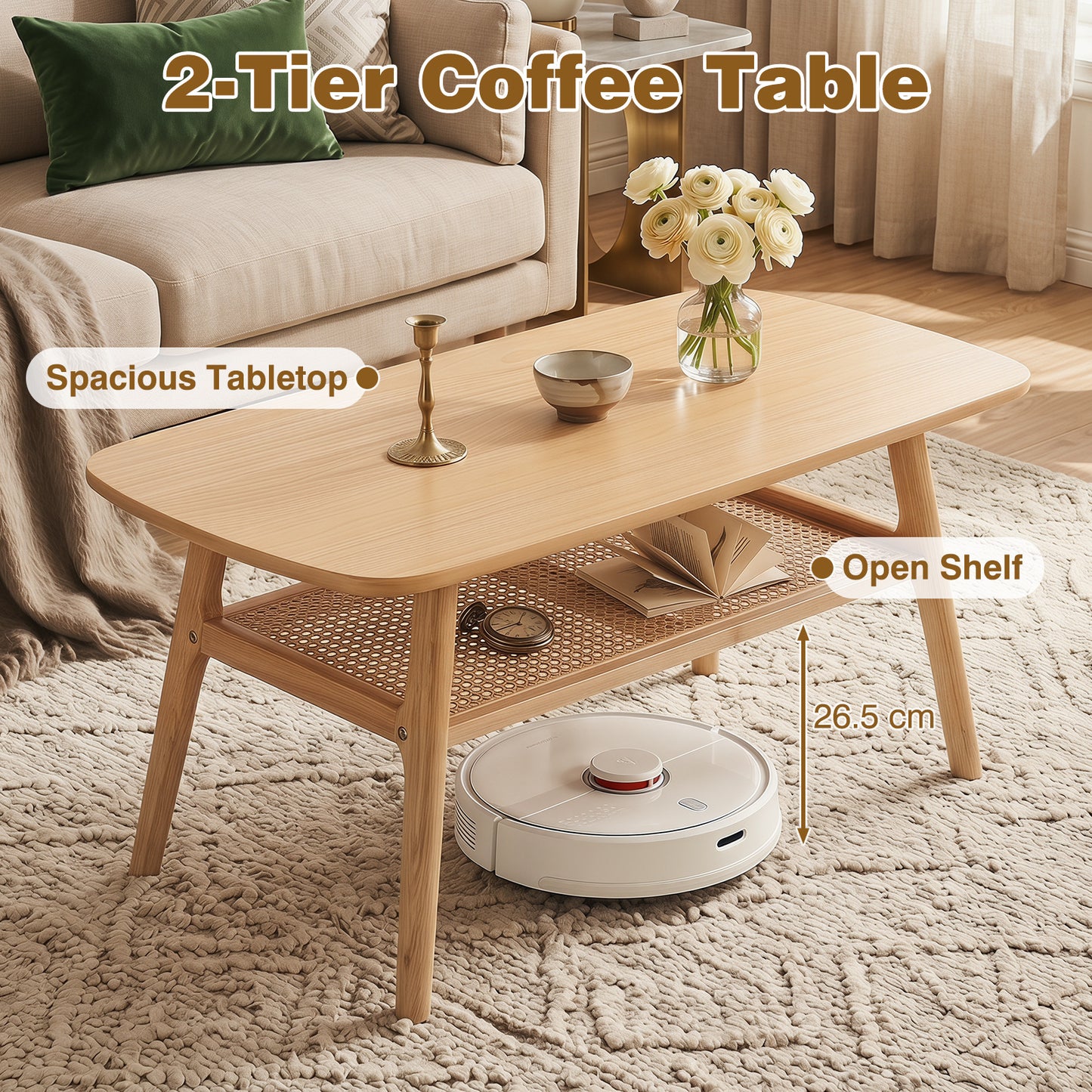 Costway Salontafel met Rotan Plank Rechthoekige Salontafel met Twee Niveaus en Poten van Rubberhout Naturel