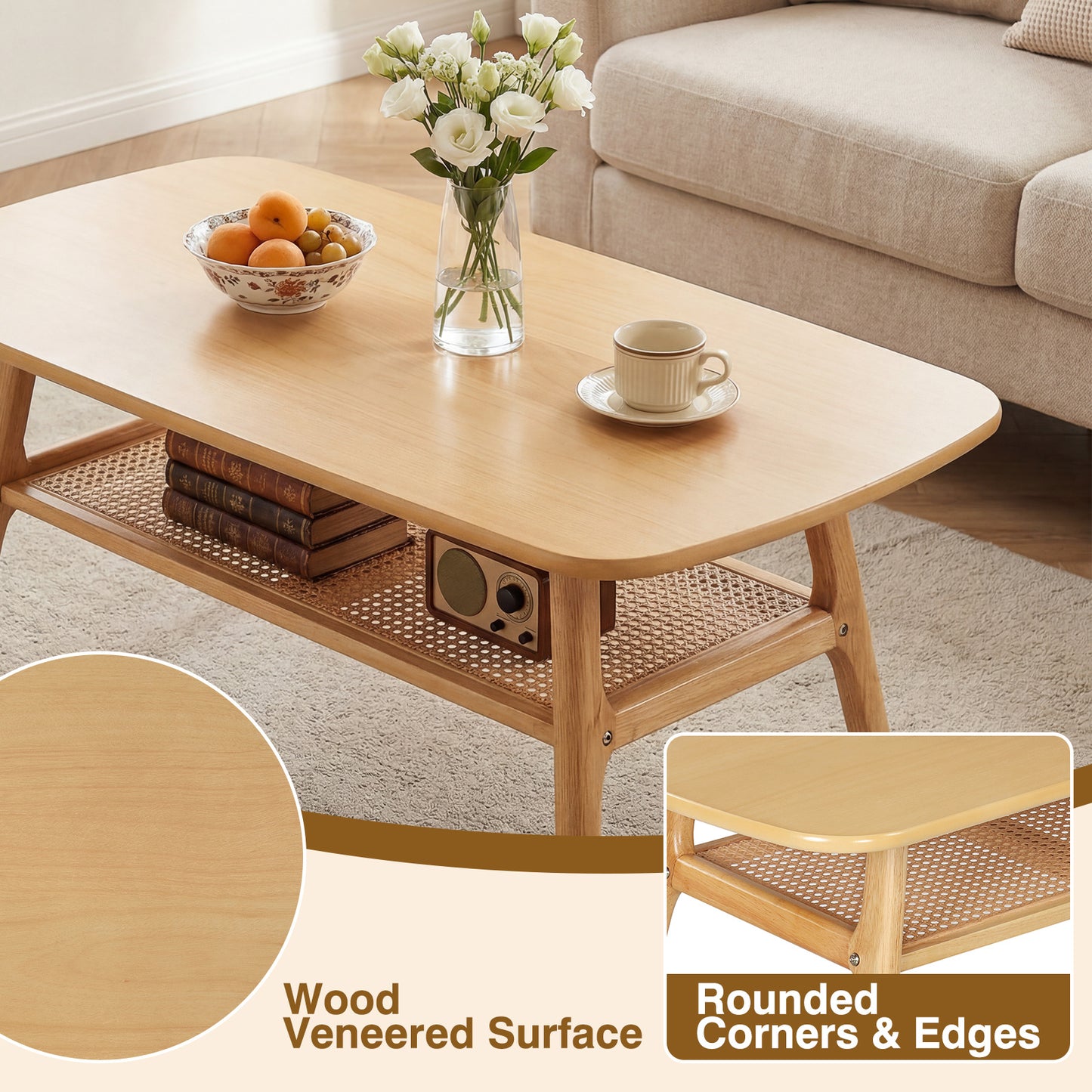 Costway Salontafel met Rotan Plank Rechthoekige Salontafel met Twee Niveaus en Poten van Rubberhout Naturel