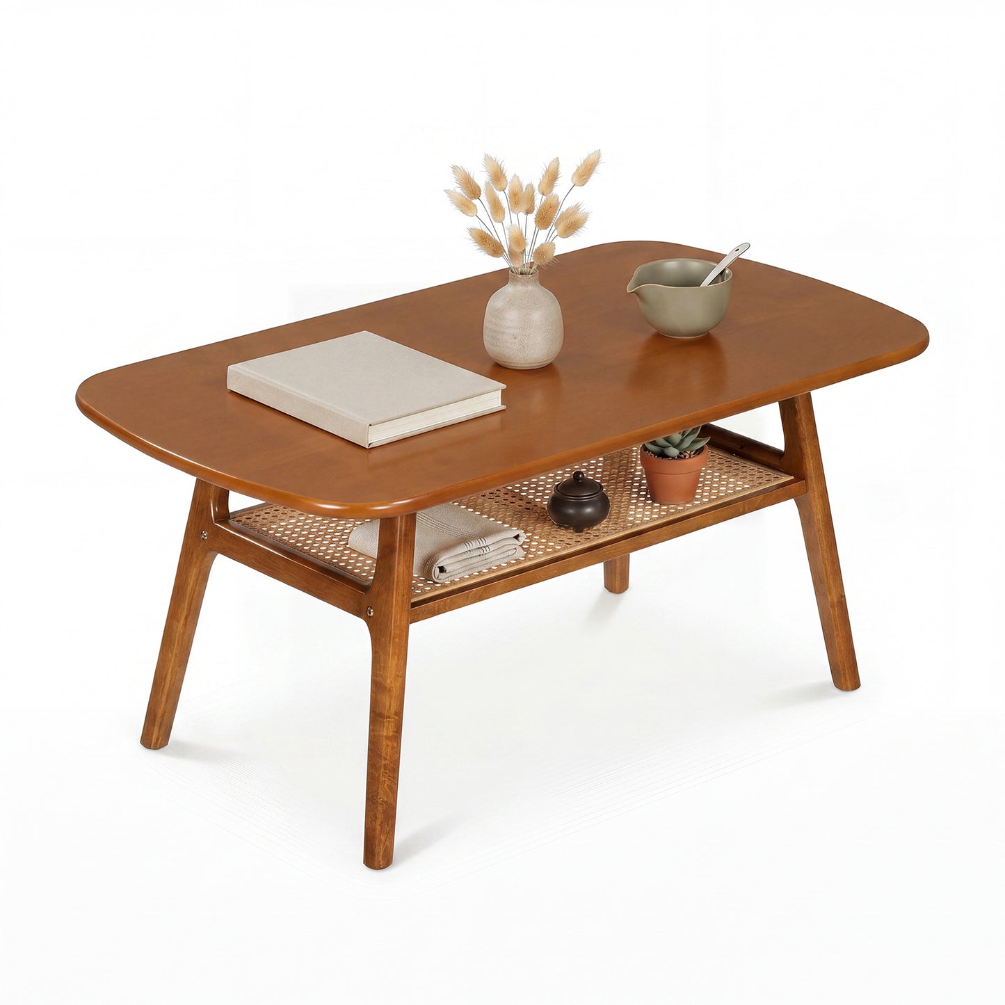 Costway Salontafel met Rotan Plank Rechthoekige Salontafel met Twee Niveaus en Poten van Rubberhout Walnoot