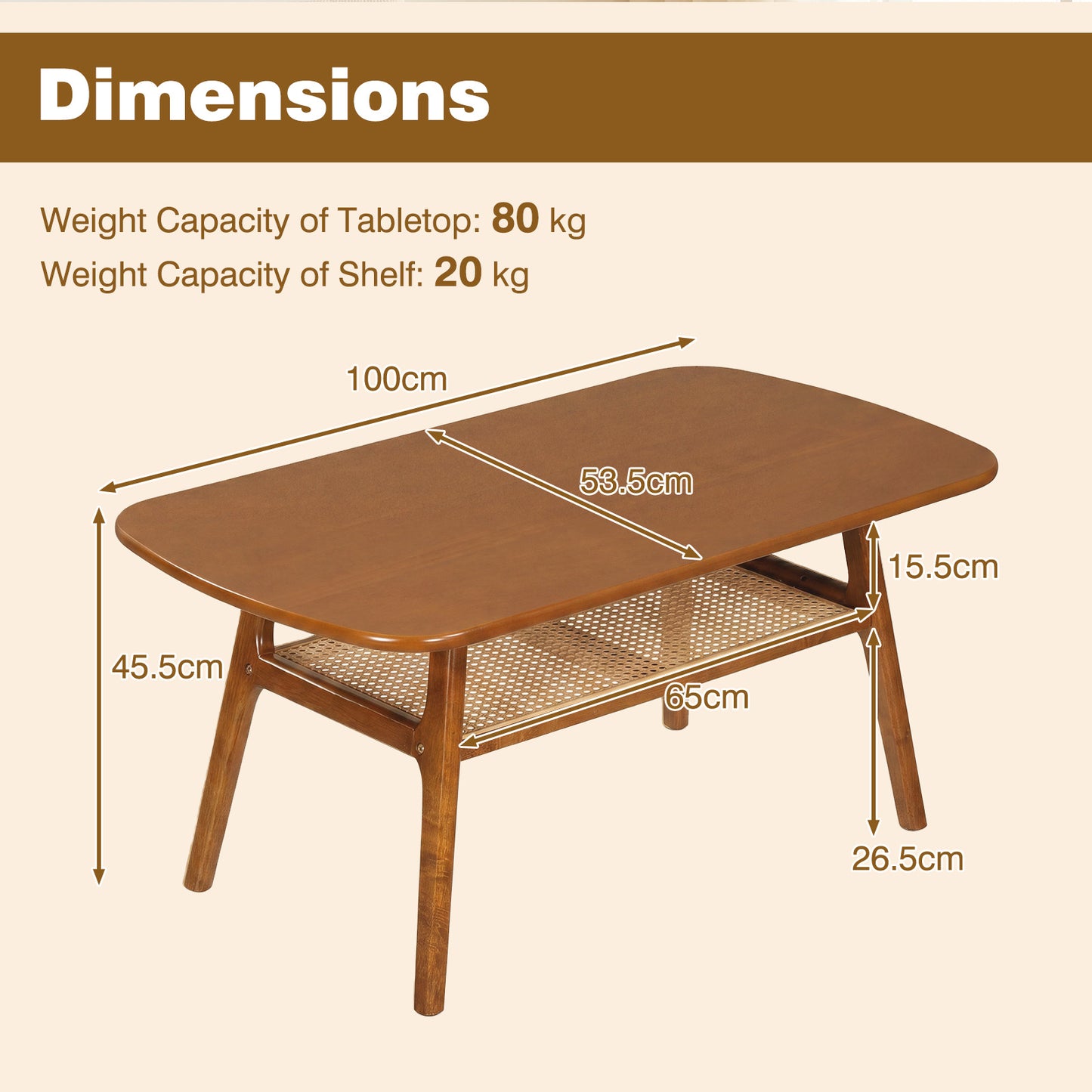 Costway Salontafel met Rotan Plank Rechthoekige Salontafel met Twee Niveaus en Poten van Rubberhout Walnoot