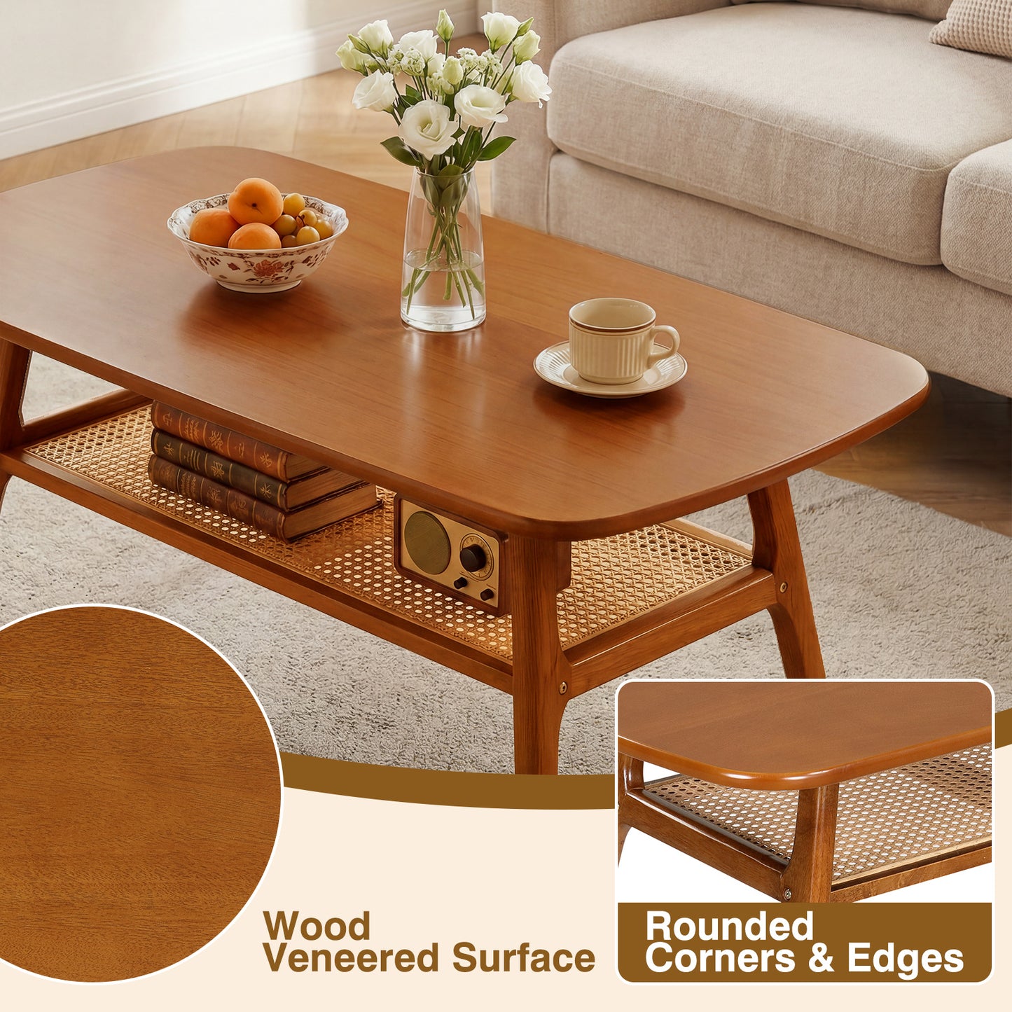 Costway Salontafel met Rotan Plank Rechthoekige Salontafel met Twee Niveaus en Poten van Rubberhout Walnoot