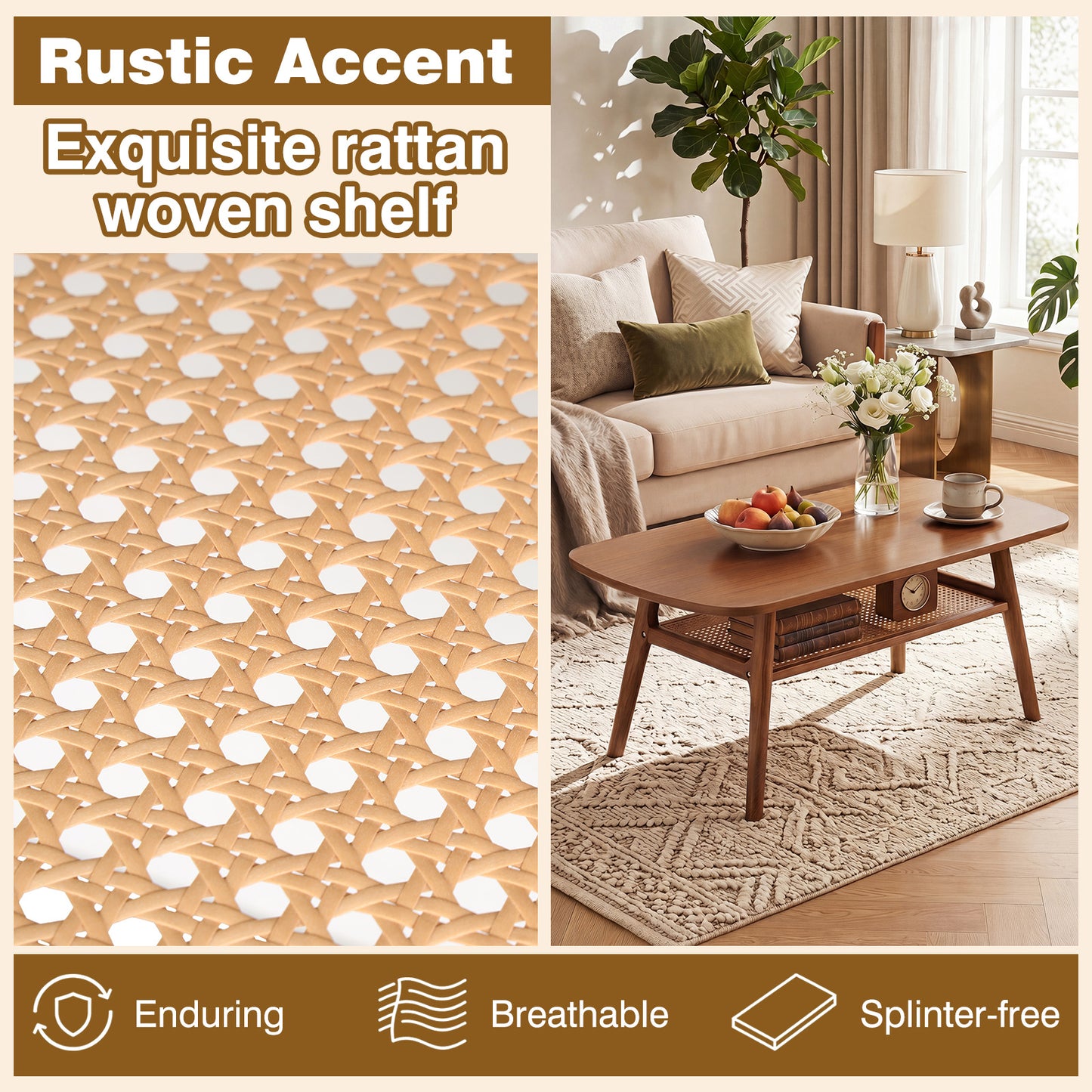 Costway Salontafel met Rotan Plank Rechthoekige Salontafel met Twee Niveaus en Poten van Rubberhout Walnoot