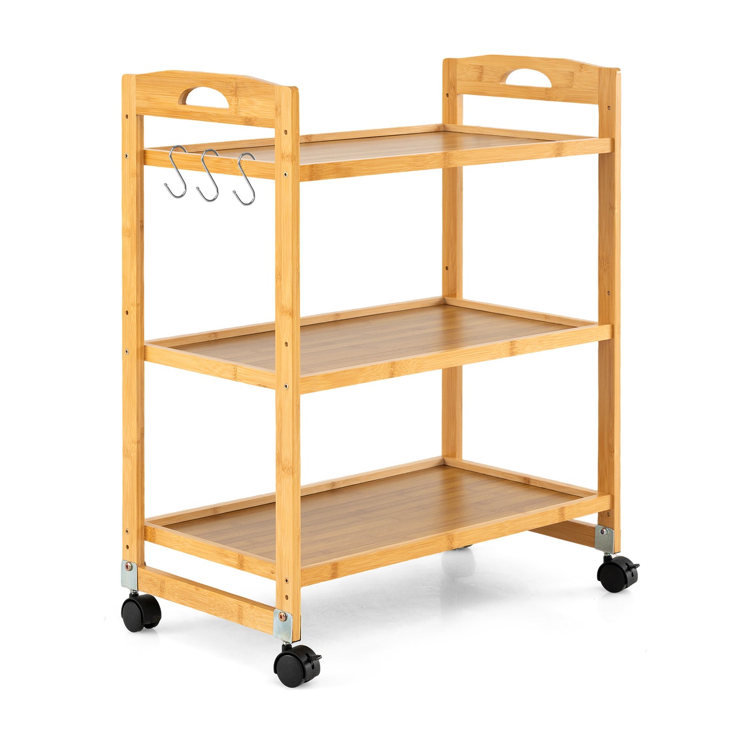 Costway Serveerwagen met 3 Niveaus Bamboe Keukenwagen met Universele Wieltjes Handgreep en Haak Naturel 60 x 33 x 72 cm