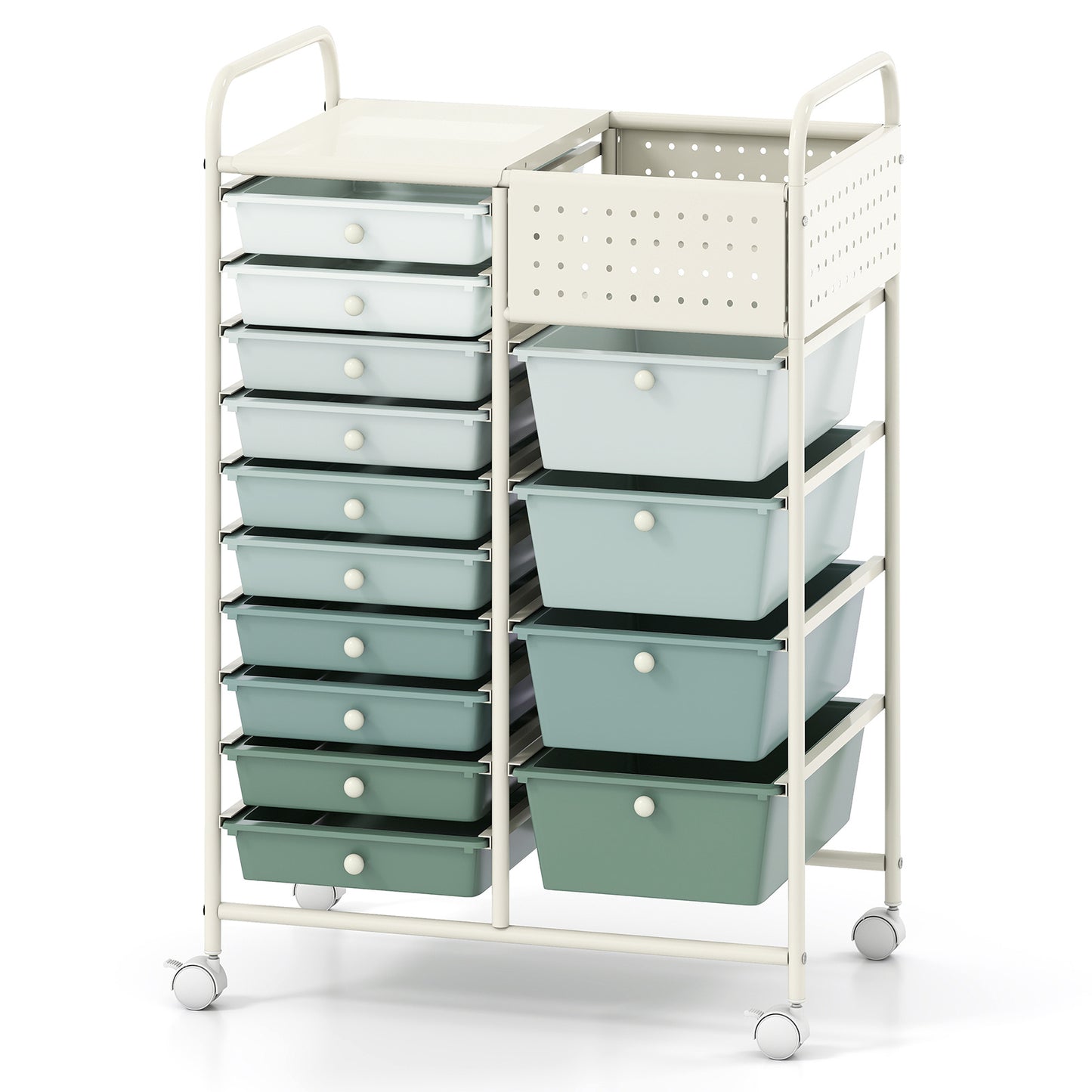 Costway Servierwagen op Wieltjes met 14 Lades Rolcontainer met Dienblad Geperforeerde Plaat en Metalen Frame 63 x 37 x 87 cm Groen