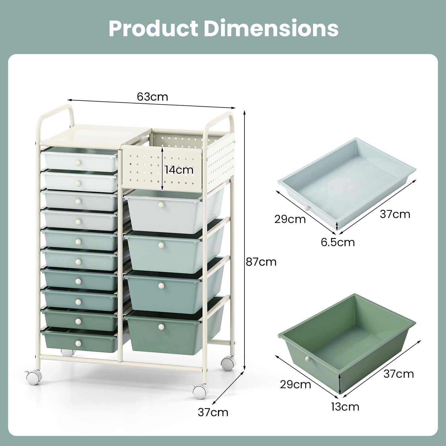 Costway Servierwagen op Wieltjes met 14 Lades Rolcontainer met Dienblad Geperforeerde Plaat en Metalen Frame 63 x 37 x 87 cm Groen