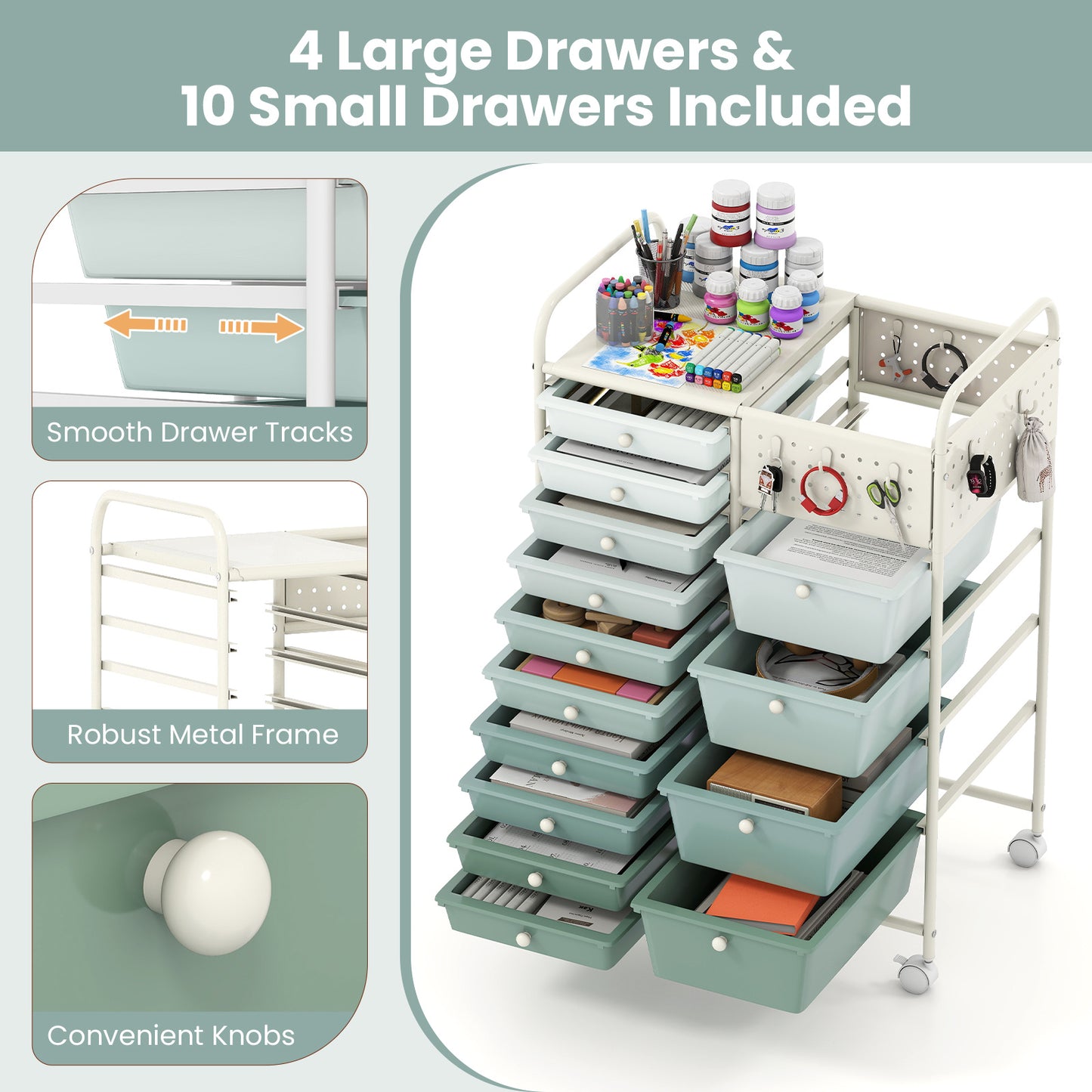 Costway Servierwagen op Wieltjes met 14 Lades Rolcontainer met Dienblad Geperforeerde Plaat en Metalen Frame 63 x 37 x 87 cm Groen