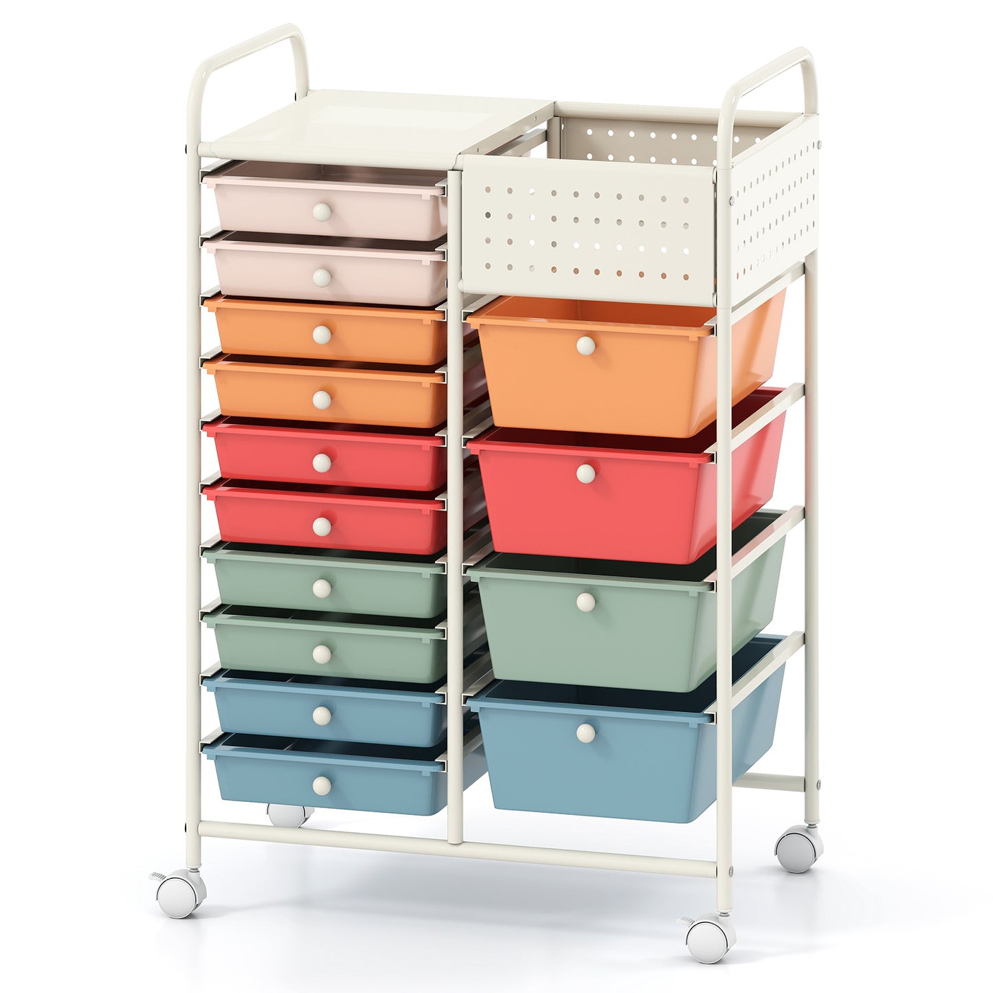 Costway Servierwagen op Wieltjes met 14 Lades Rolcontainer met Dienblad Geperforeerde Plaat en Metalen Frame 63 x 37 x 87 cm Multicolor