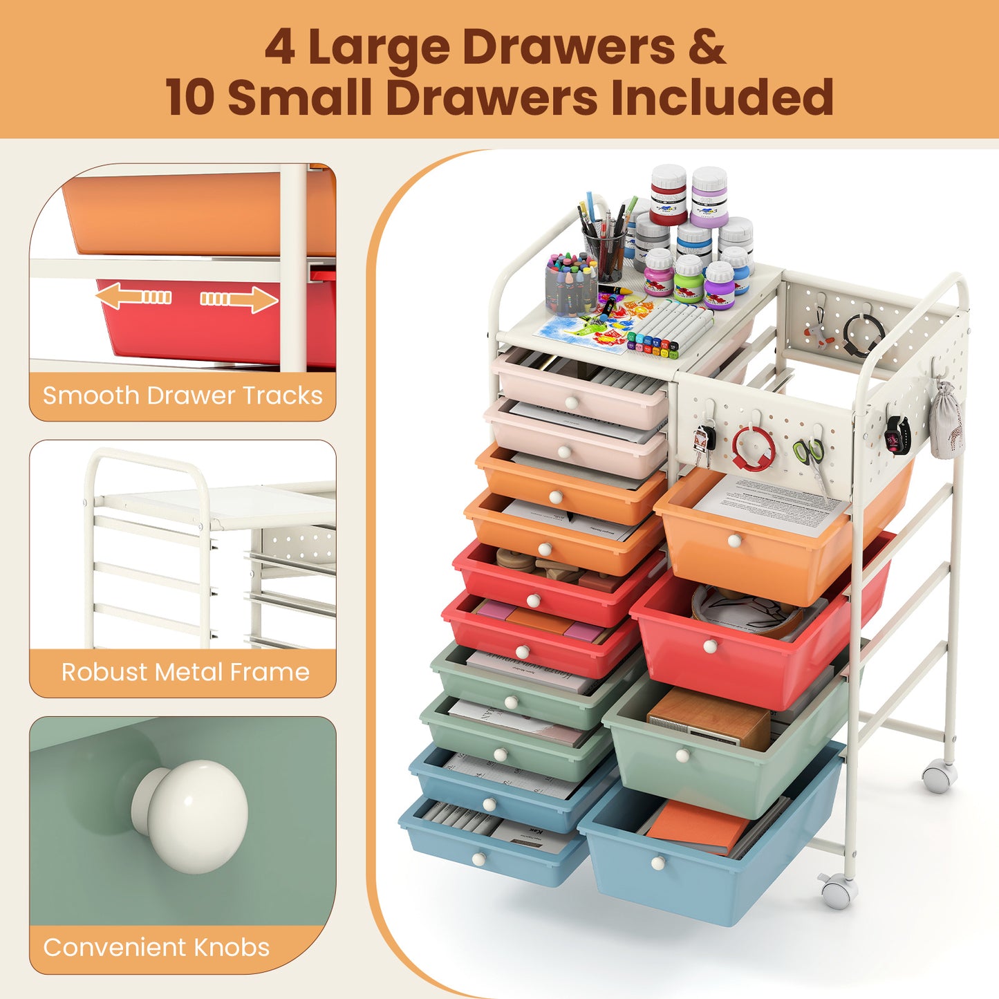 Costway Servierwagen op Wieltjes met 14 Lades Rolcontainer met Dienblad Geperforeerde Plaat en Metalen Frame 63 x 37 x 87 cm Multicolor