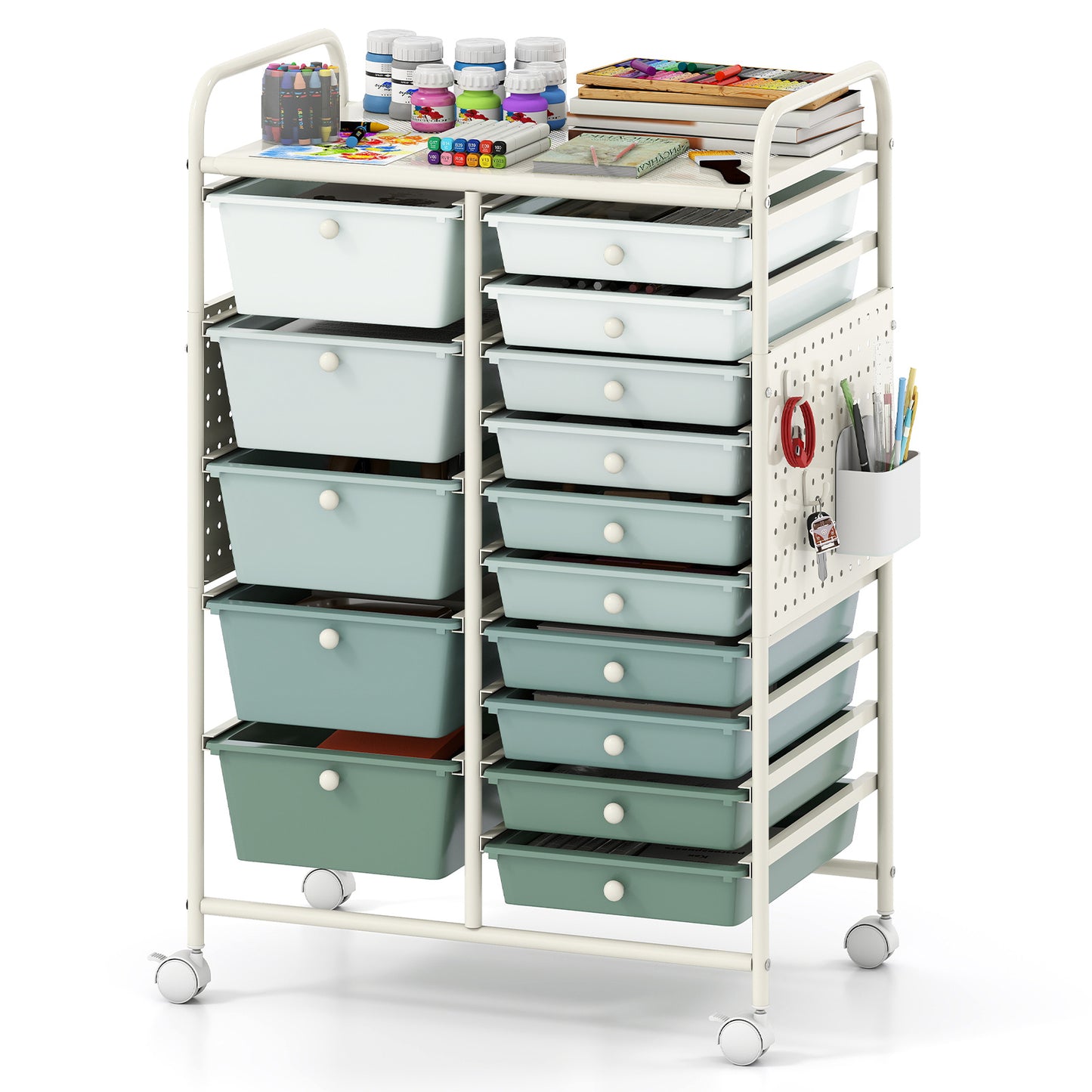 Costway Servierwagen op Wieltjes met 15 Lades Rolcontainer met Dienblad Geperforeerde Plaat en Metalen Frame 63 x 37 x 87 cm Groen