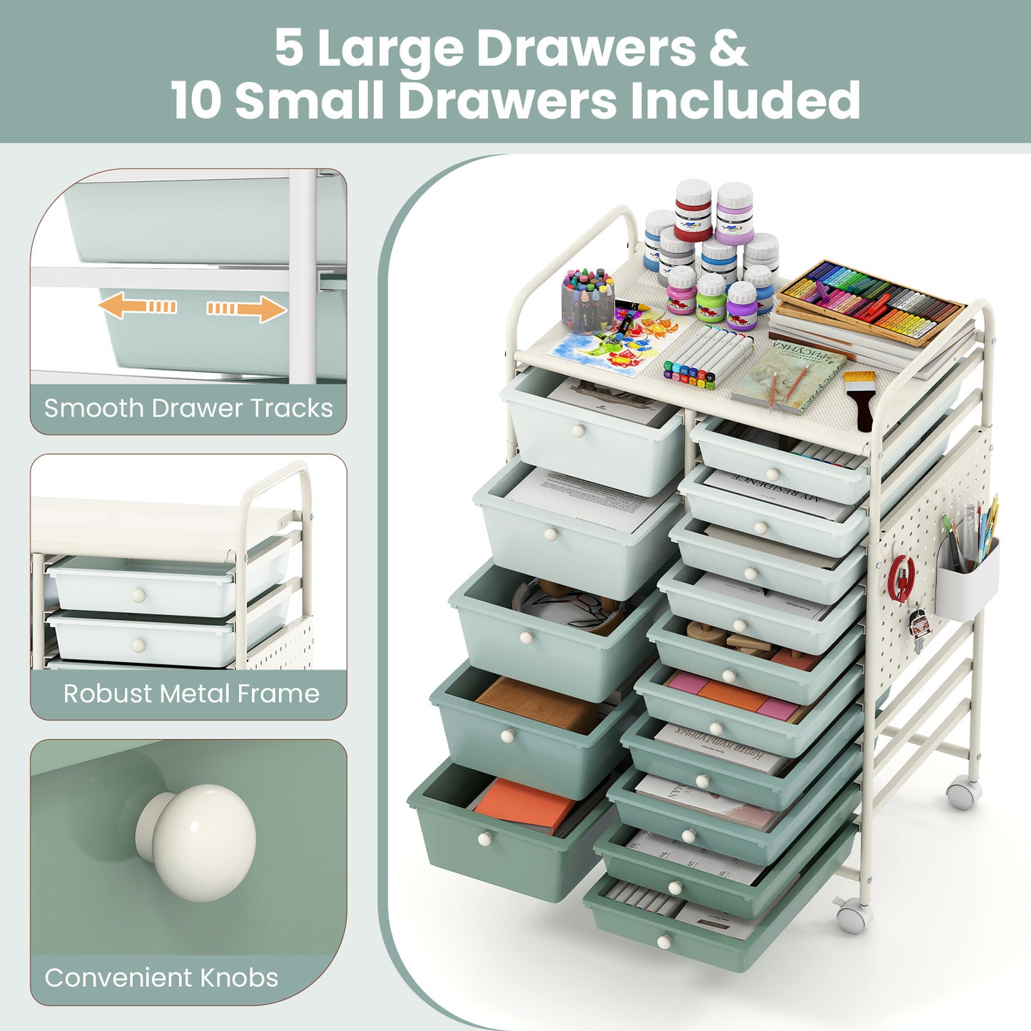 Costway Servierwagen op Wieltjes met 15 Lades Rolcontainer met Dienblad Geperforeerde Plaat en Metalen Frame 63 x 37 x 87 cm Groen