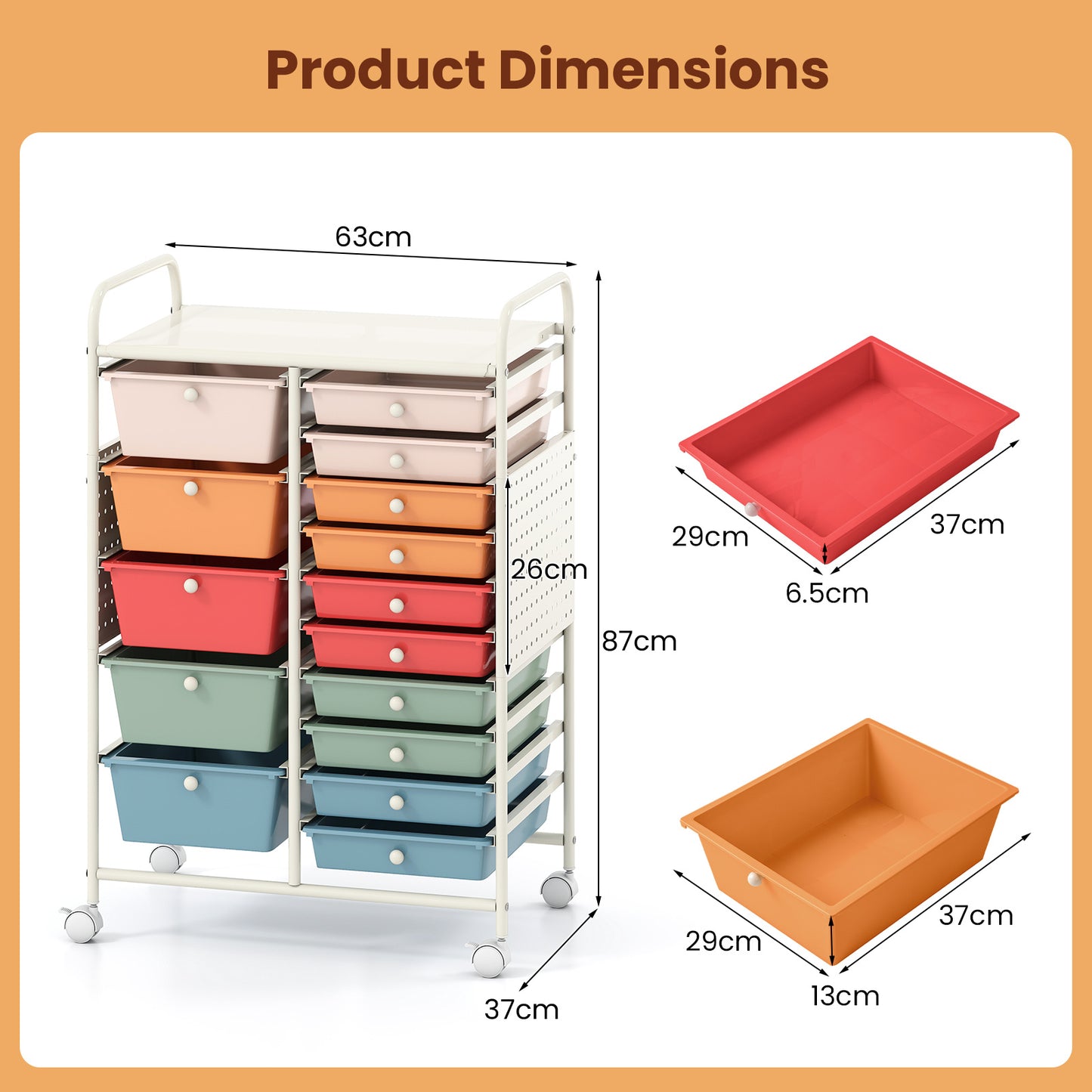 Costway Servierwagen op Wieltjes met 15 Lades Rolcontainer met Dienblad Geperforeerde Plaat en Metalen Frame 63 x 37 x 87 cm Multicolor