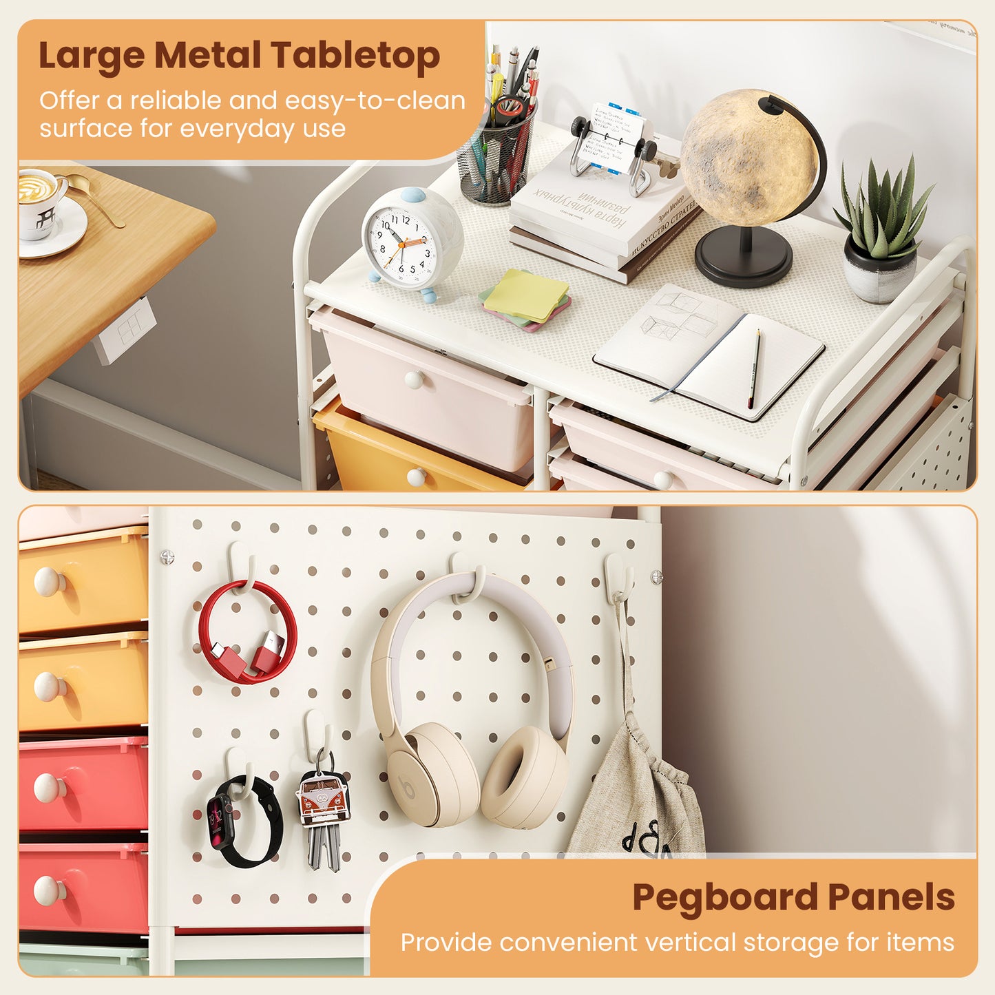 Costway Servierwagen op Wieltjes met 15 Lades Rolcontainer met Dienblad Geperforeerde Plaat en Metalen Frame 63 x 37 x 87 cm Multicolor