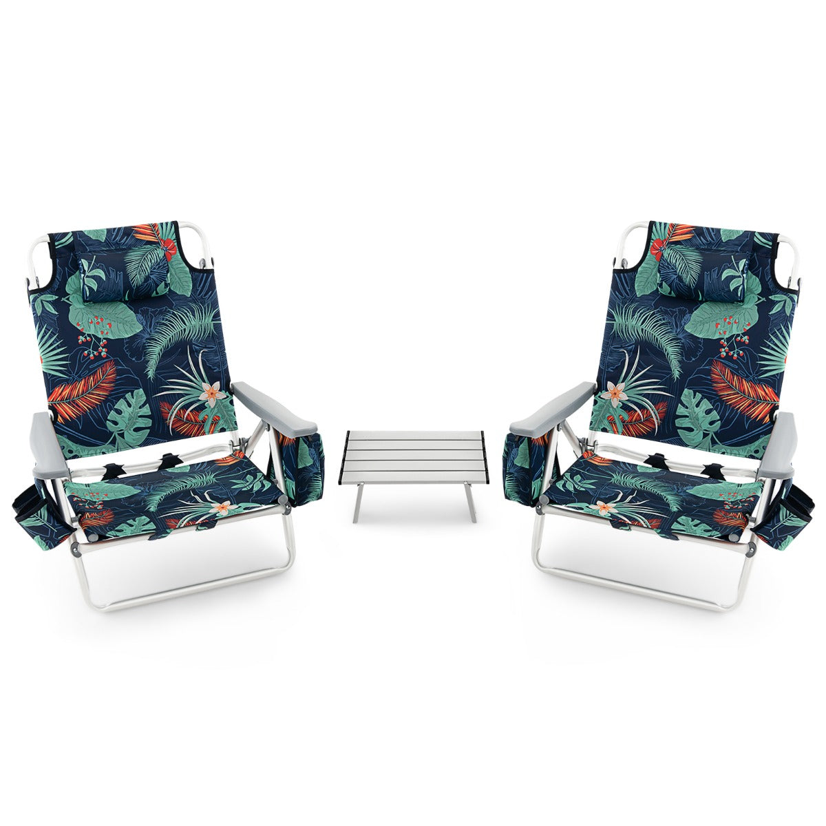 Costway Set van 1 Tafel en 2 Strandstoelen Ligstoelen voor Buiten met Oprolbare Campingtafel 5-Standen Klapstoelen en Aluminium Tafel -Donkerblauw