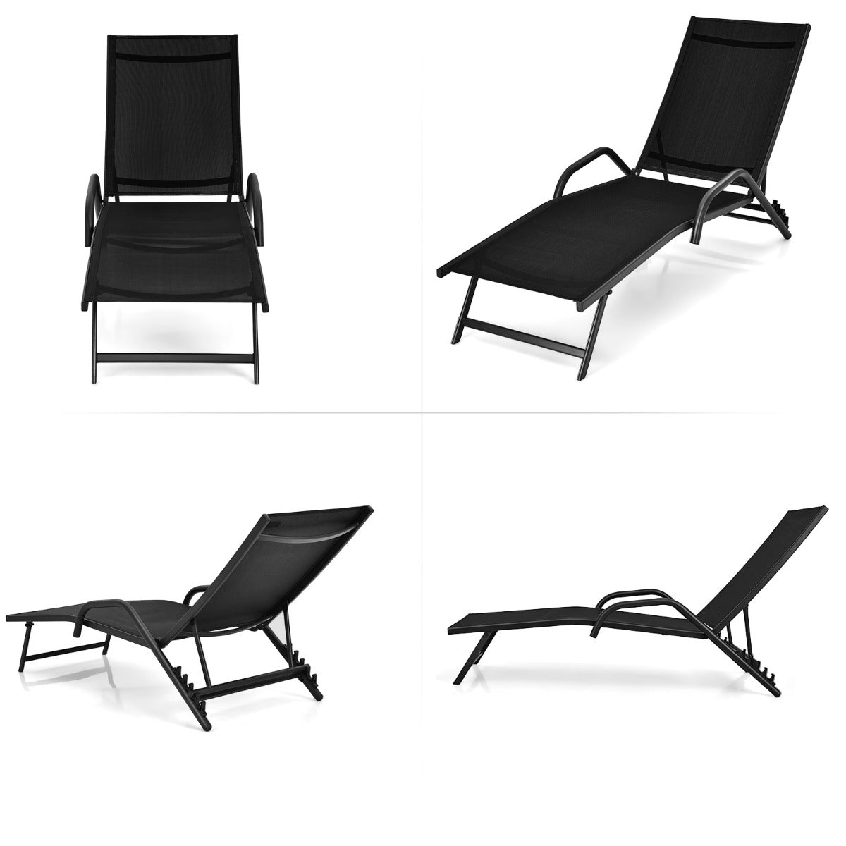Costway Set van 2 5-Positie Verstelbare Patio Ligstoelen met Ademende Zitting voor Buiten Zwart