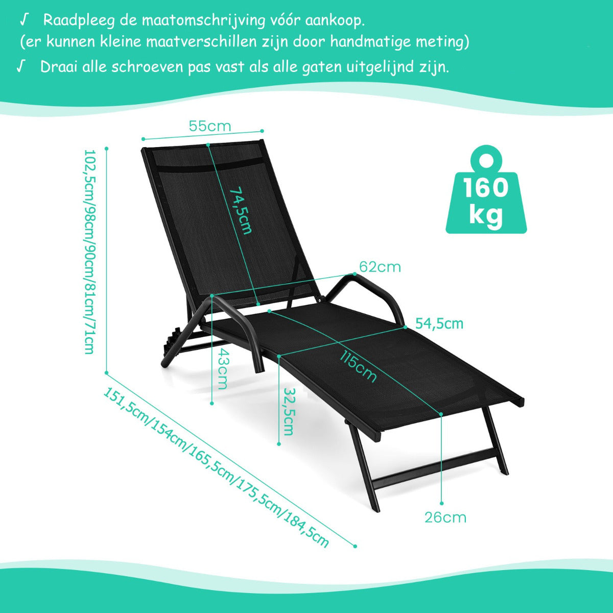 Costway Set van 2 5-Positie Verstelbare Patio Ligstoelen met Ademende Zitting voor Buiten Zwart