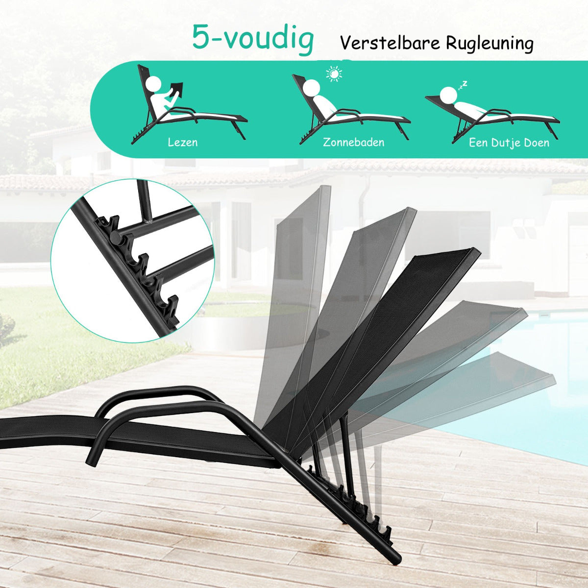 Costway Set van 2 5-Positie Verstelbare Patio Ligstoelen met Ademende Zitting voor Buiten Zwart
