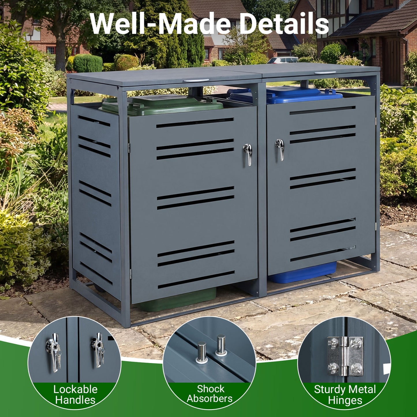 Costway (Set van 2) Afvalcontaineroverkapping voor 2 Afvalcontainers van 120 Liter Weerbestendig Tuinhuisje met Afsluitbare Deur 132 x 80 x 117 cm