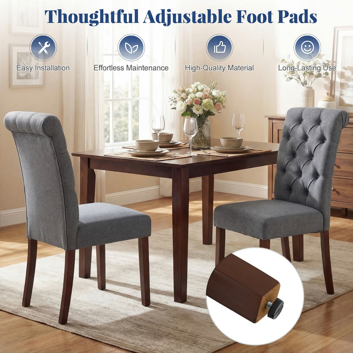 Costway Set van 2 Eetkamerstoelen Gestoffeerde Keukenstoelen met Hoge Rugleuning en Stevige Houten Poten Gewatteerde Accentstoelen-Grijs