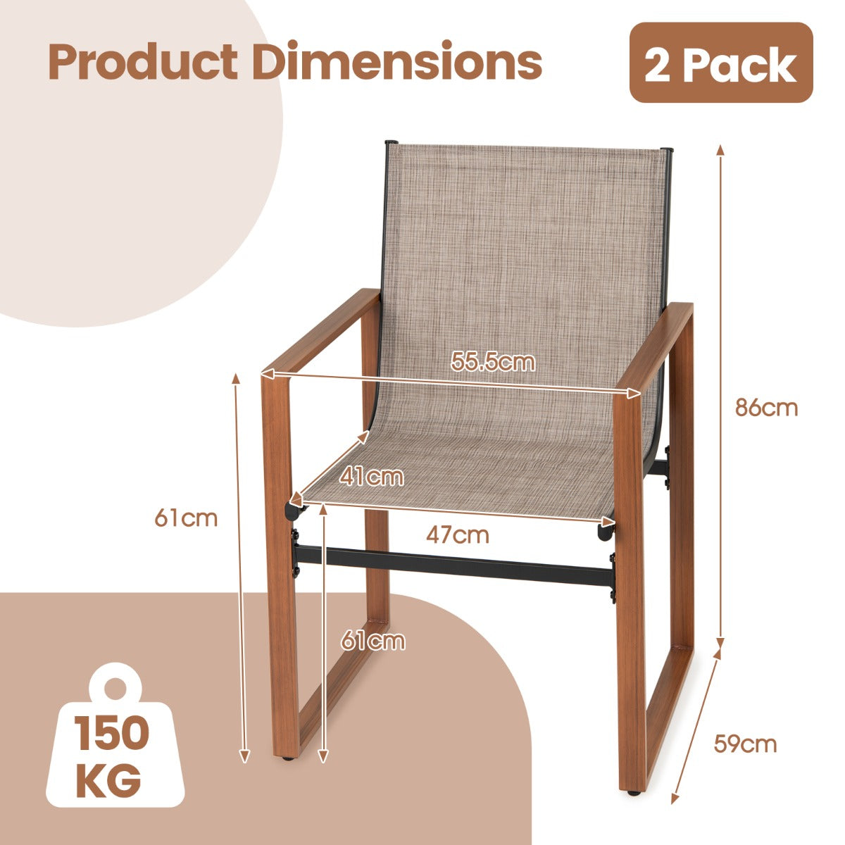 Costway Set van 2 Eetstoelen voor Buiten Terrasstoel Ademende Zitting en Rugleuning Metalen Frame Stoffen Stoel voor Tuin-Bruin