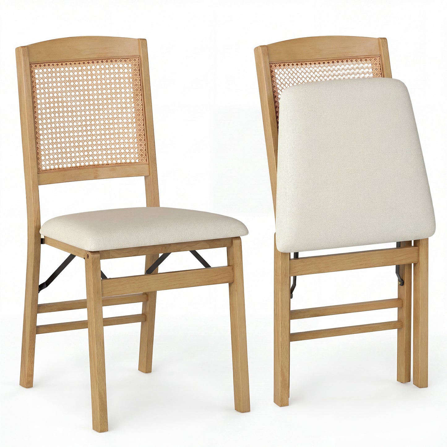 Costway Set van 2 Opvouwbare Eetkamerstoelen Houten Keukenstoelen met PE-rotan Rugleuning en Gestoffeerde Linnen Zitting