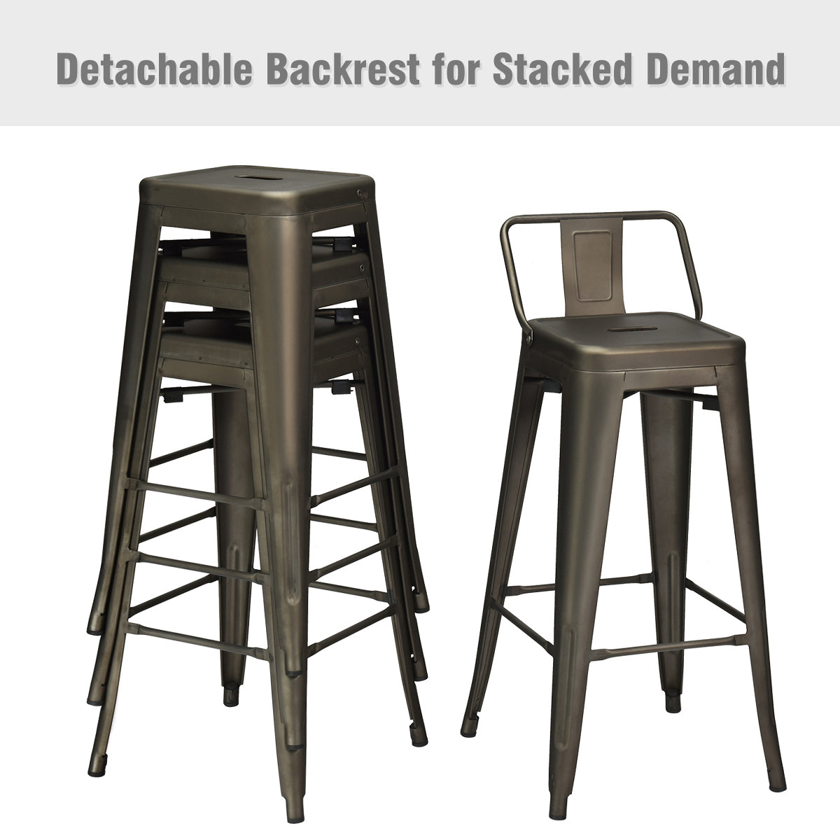 Costway Set van 4 Barkrukken Barstoelen met Voetensteun en Metalen Frame Barkruk met Rugleuning Zithoogte 76 cm (Bruin)