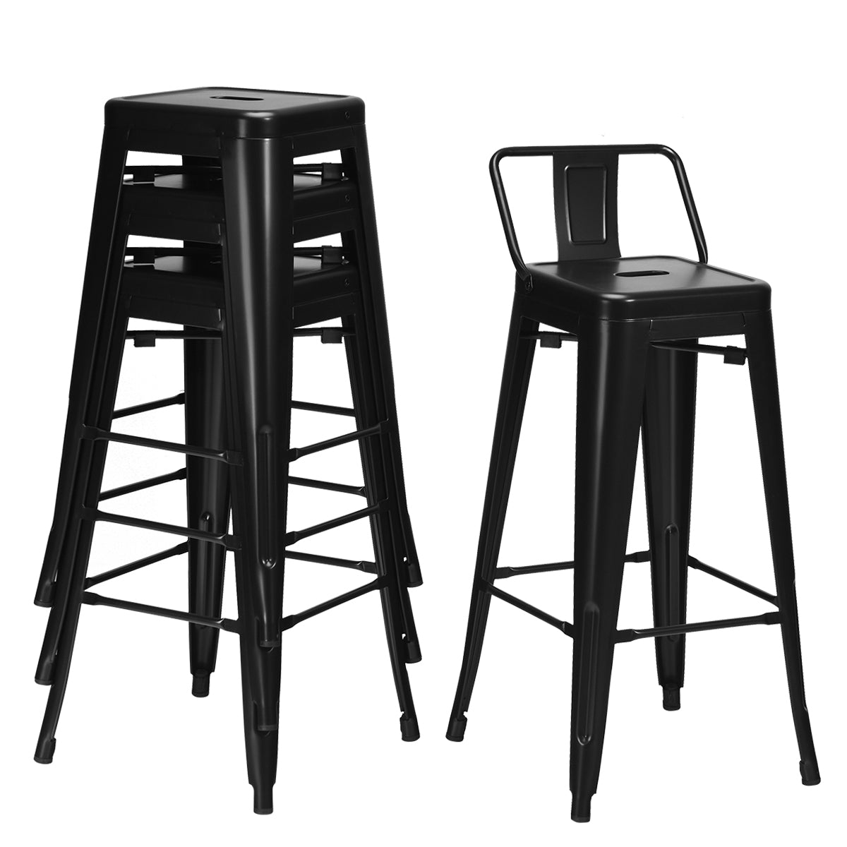 Costway Set van 4 Barkrukken Barstoelen met Voetensteun en Metalen Frame Barkruk met Rugleuning Zithoogte 76 cm (Zwart)
