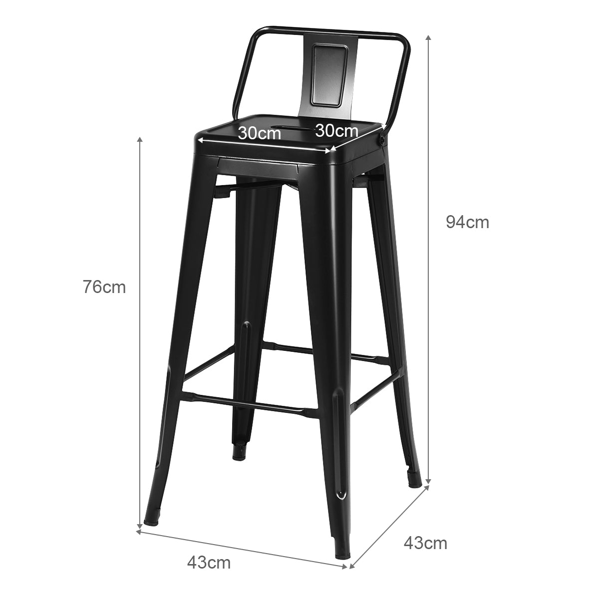 Costway Set van 4 Barkrukken Barstoelen met Voetensteun en Metalen Frame Barkruk met Rugleuning Zithoogte 76 cm (Zwart)