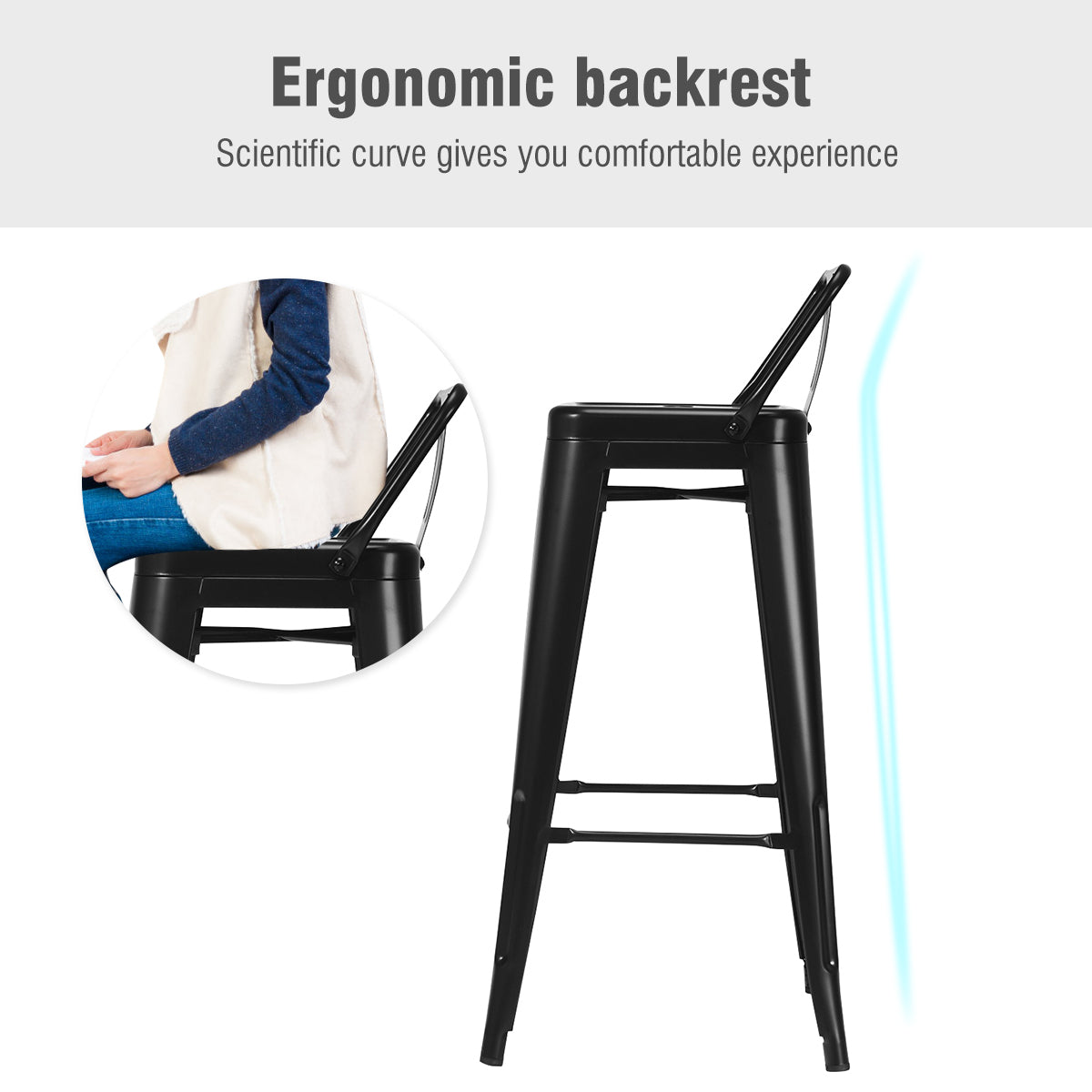 Costway Set van 4 Barkrukken Barstoelen met Voetensteun en Metalen Frame Barkruk met Rugleuning Zithoogte 76 cm (Zwart)