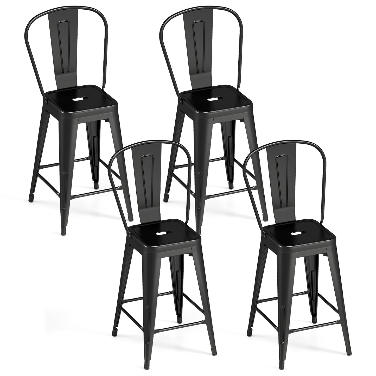 Costway Set van 4 Industriële Barkrukken 62 cm Metalen Barkruk met Afneembare Gebogen Rugleuning