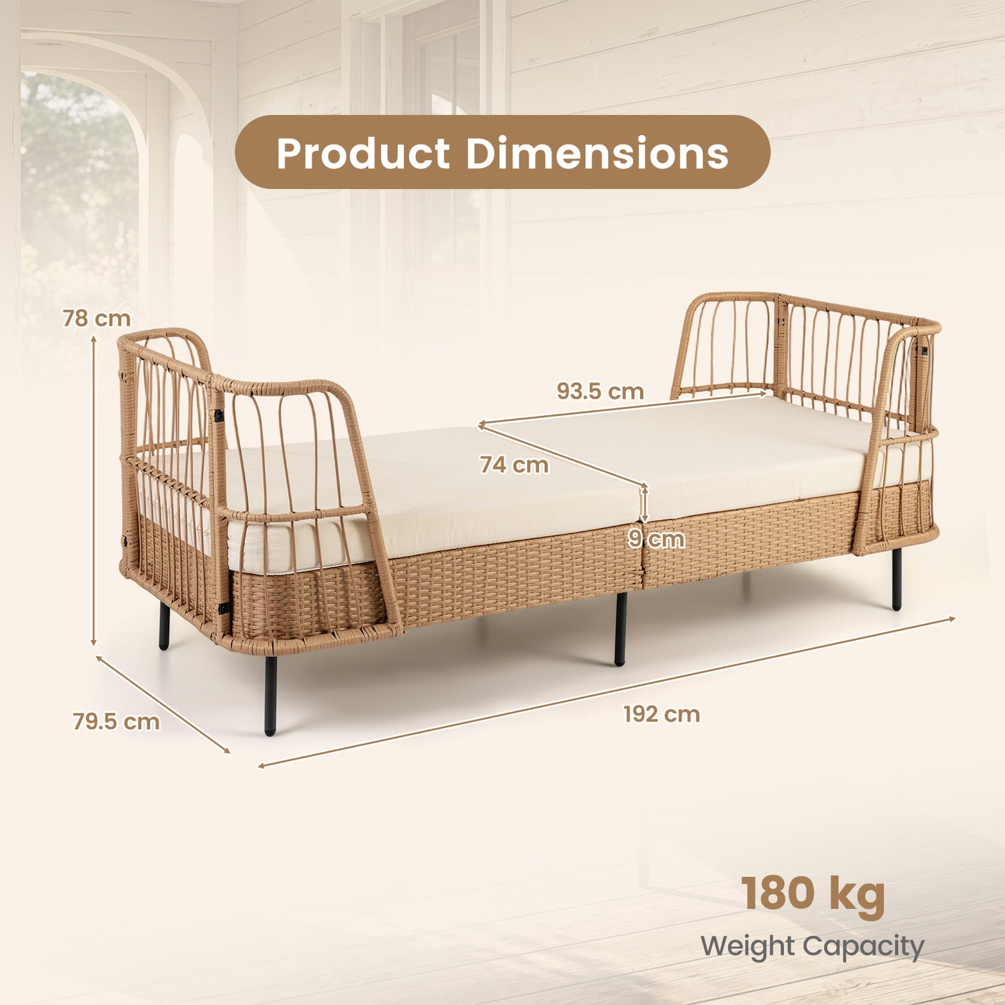 Costway Slaapbank Outdoor Rattan Sofabed met Armleuningen Stabiele Metalen Frame Dik Zitkussen