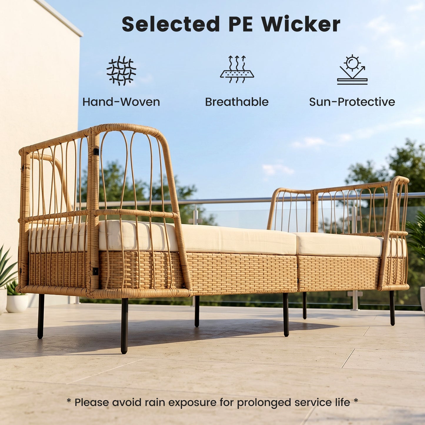 Costway Slaapbank Outdoor Rattan Sofabed met Armleuningen Stabiele Metalen Frame Dik Zitkussen