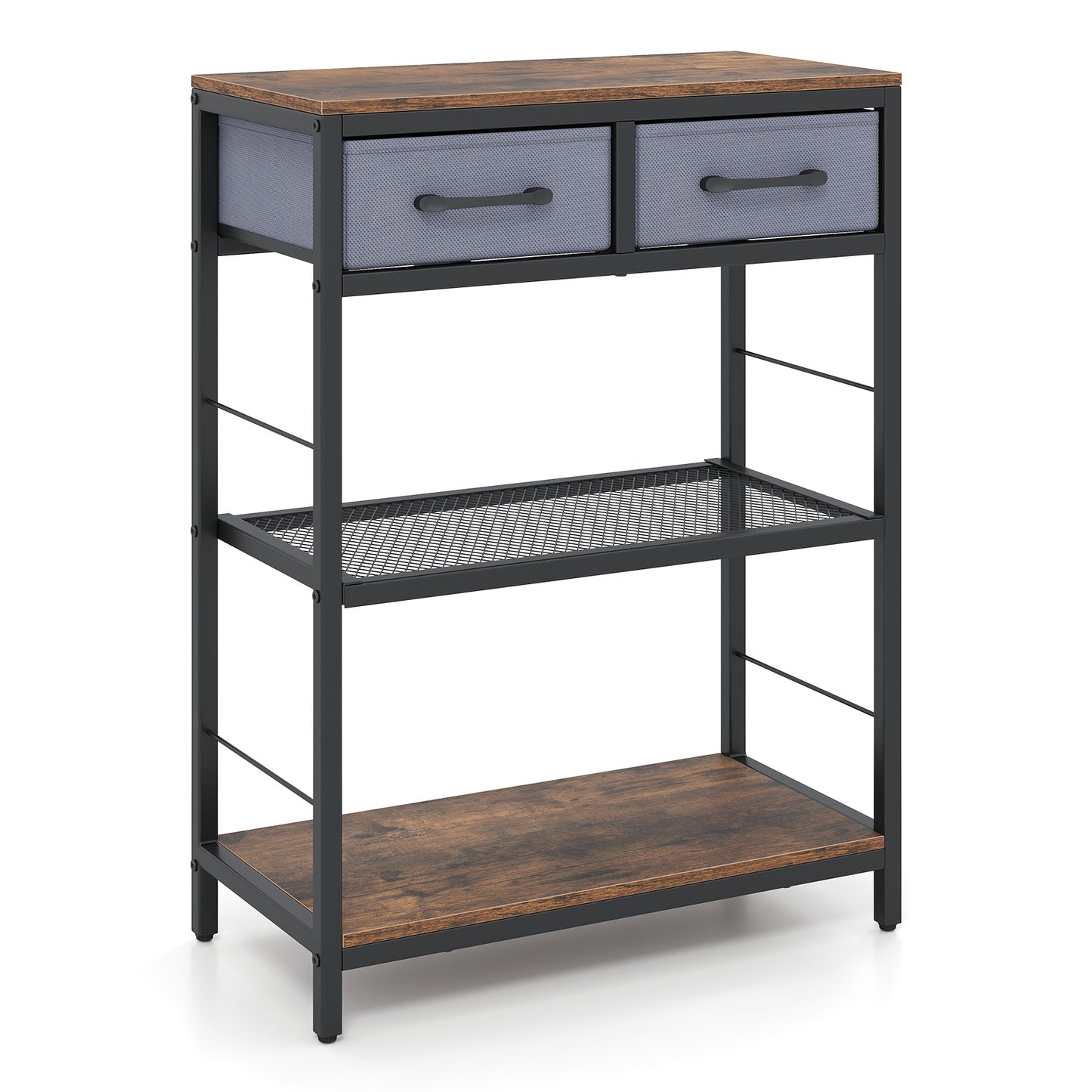 Costway Smalle Consoletafel Haltafel met 2 Stoffen Lades en Open Planken Haltafel met Metalen Onderstel 60 x 30 x 81 cm Bruin