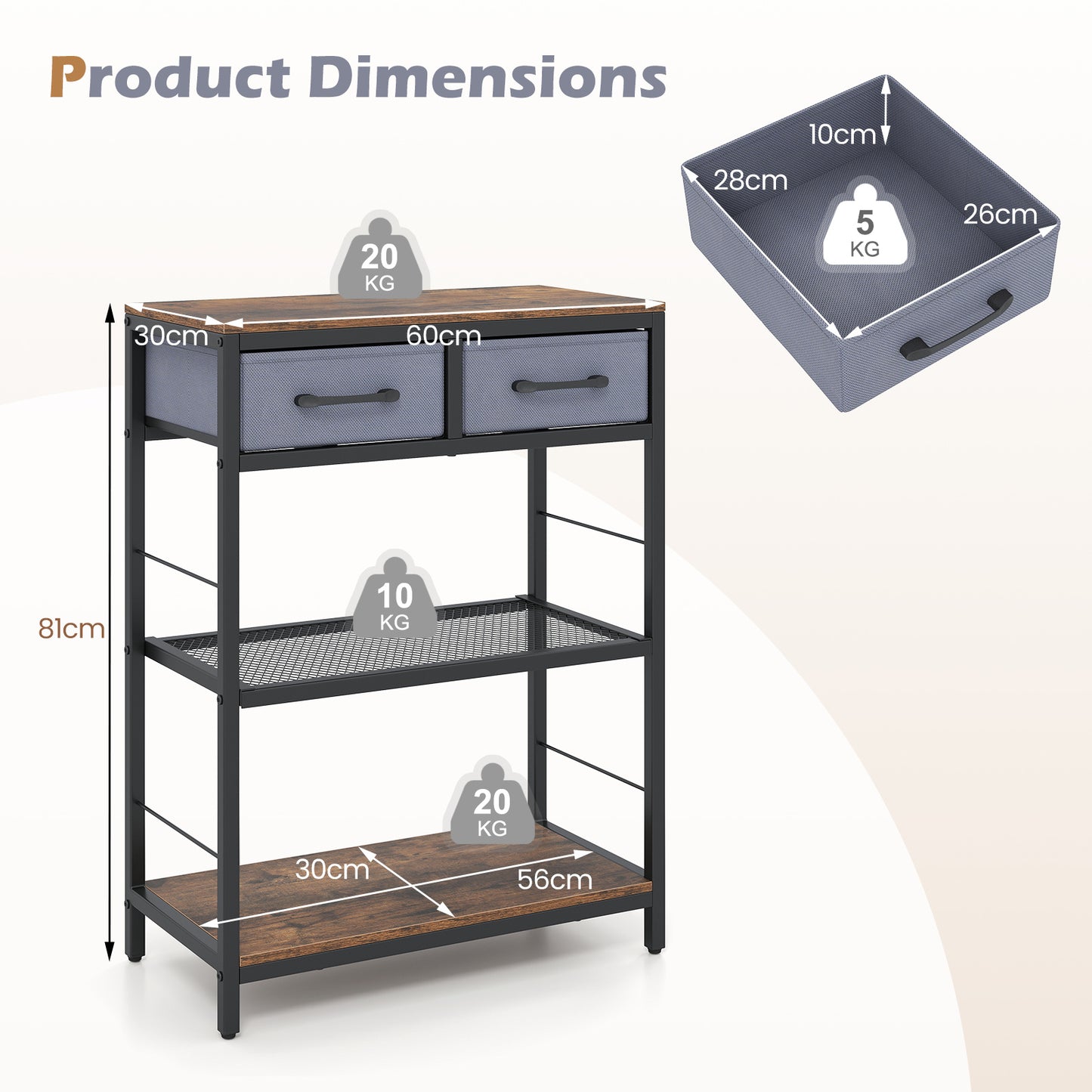 Costway Smalle Consoletafel Haltafel met 2 Stoffen Lades en Open Planken Haltafel met Metalen Onderstel 60 x 30 x 81 cm Bruin