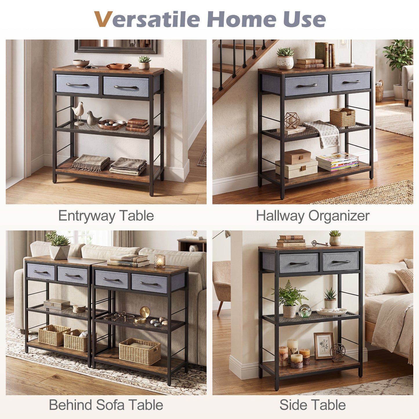Costway Smalle Consoletafel Haltafel met 2 Stoffen Lades en Open Planken Haltafel met Metalen Onderstel 60 x 30 x 81 cm Bruin