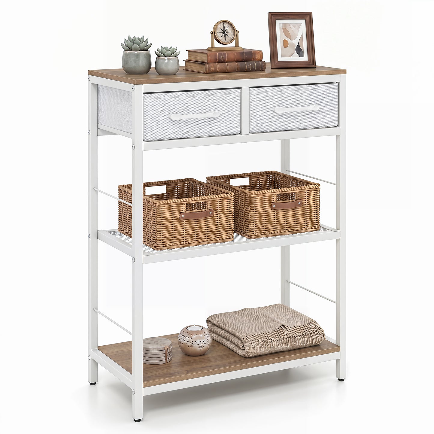 Costway Smalle Consoletafel Haltafel met 2 Stoffen Lades en Open Planken Haltafel met Metalen Onderstel 60 x 30 x 81 cm Naturel