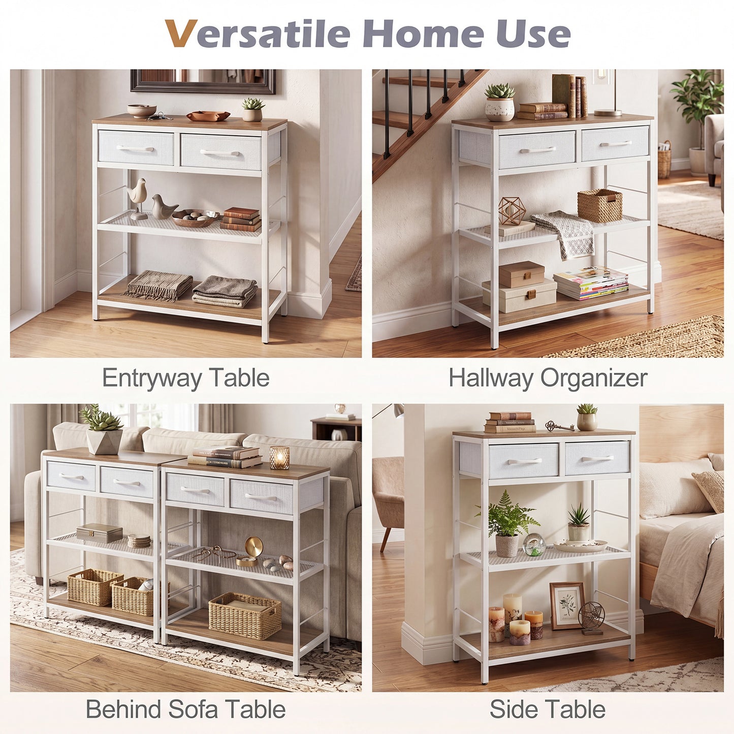 Costway Smalle Consoletafel Haltafel met 2 Stoffen Lades en Open Planken Haltafel met Metalen Onderstel 60 x 30 x 81 cm Naturel