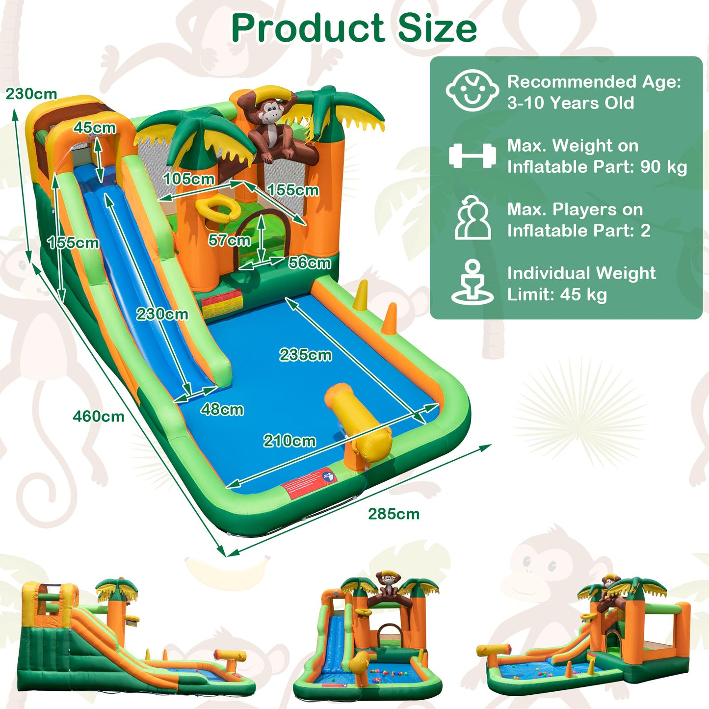 Costway Springkasteel met Waterglijbaan Tropisch 7-in-1 Waterpark met Kinderbadje Basketbalkorf en Waterpistool Incl. Ventilator 460 x 285 x 230 cm