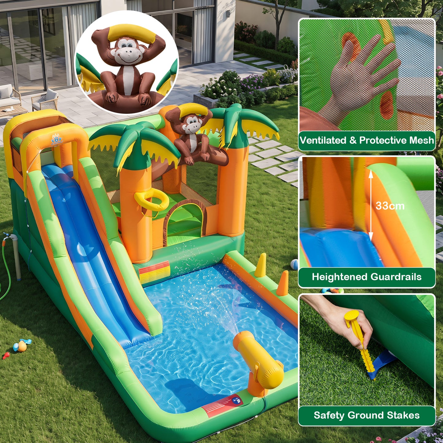 Costway Springkasteel met Waterglijbaan Tropisch 7-in-1 Waterpark met Kinderbadje Basketbalkorf en Waterpistool Incl. Ventilator 460 x 285 x 230 cm