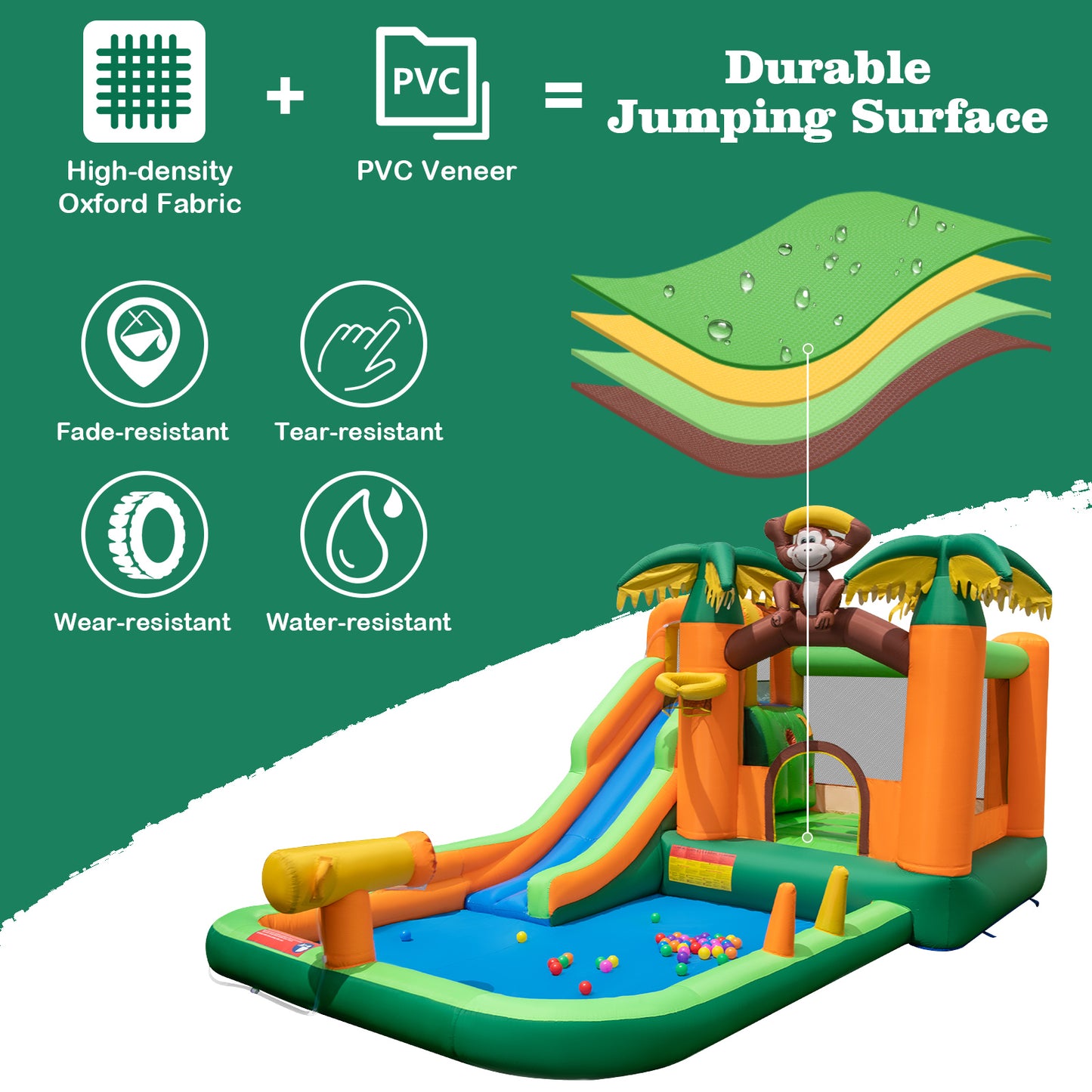 Costway Springkasteel met Waterglijbaan Tropisch 7-in-1 Waterpark met Kinderbadje Basketbalkorf en Waterpistool Incl. Ventilator 460 x 285 x 230 cm