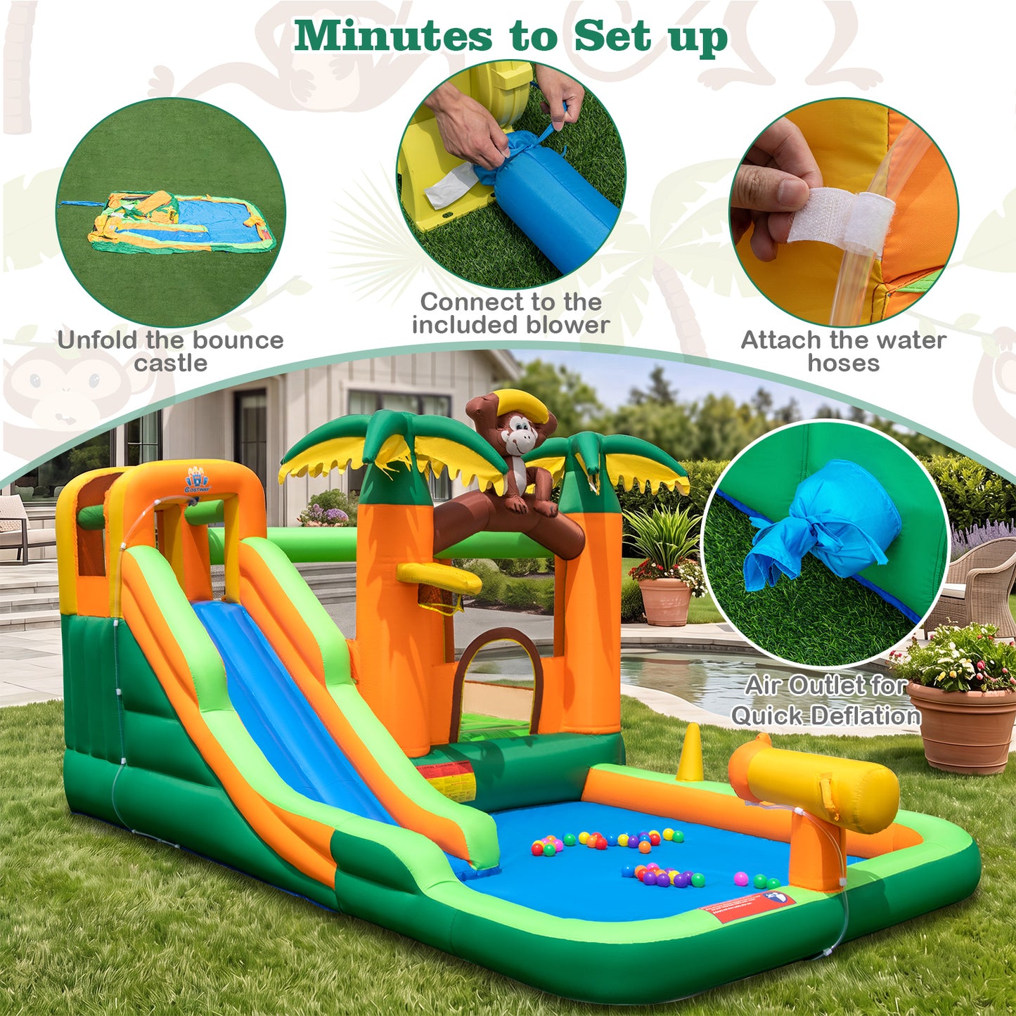 Costway Springkasteel met Waterglijbaan Tropisch 7-in-1 Waterpark met Kinderbadje Basketbalkorf en Waterpistool Incl. Ventilator 460 x 285 x 230 cm