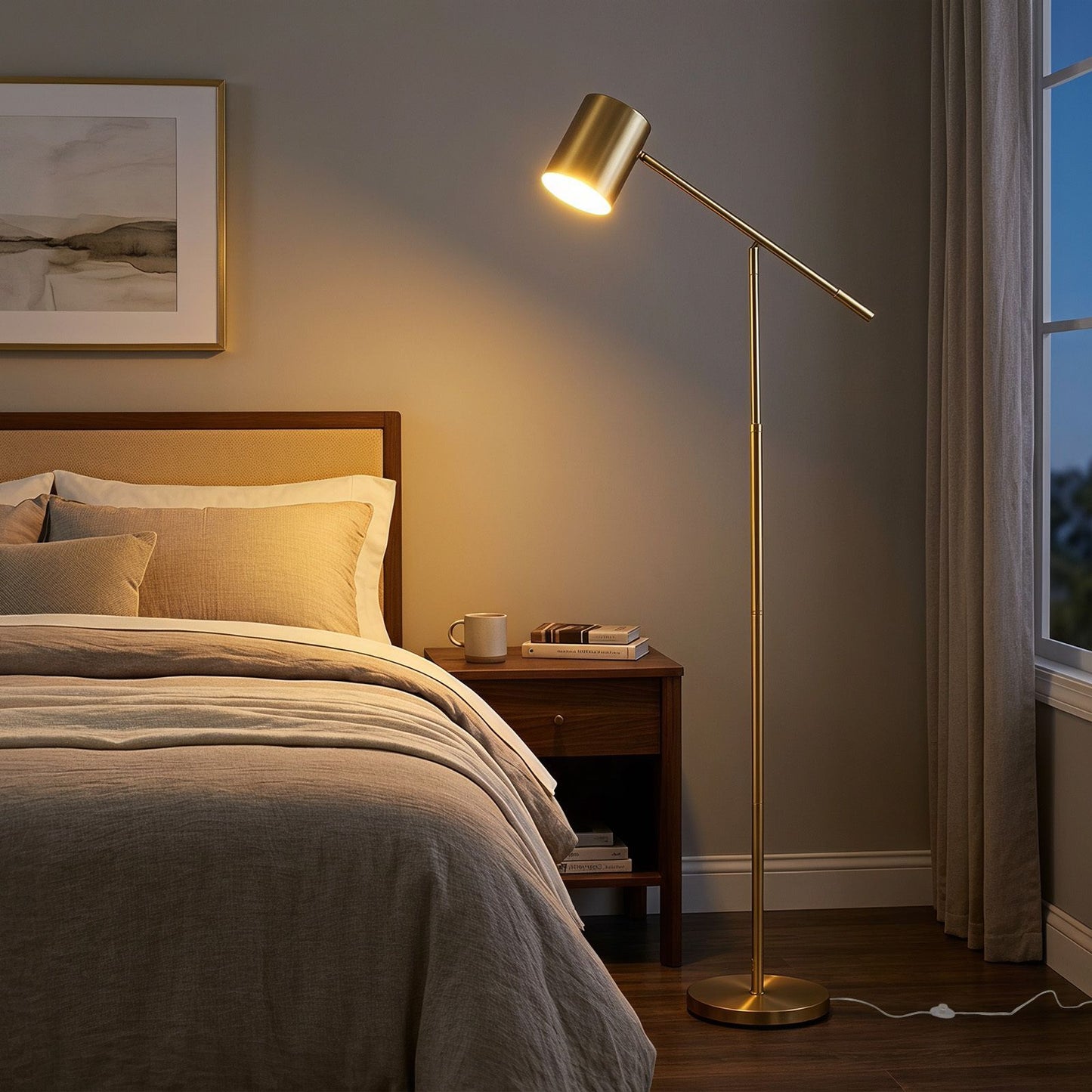 Costway Staande Lamp 175 cm Leeslamp met Verstelbare Kop en Arm Woonkamerlamp met E27-fitting en Voetschakelaar Goudkleurig