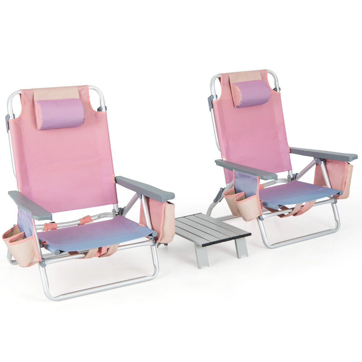 Costway Strandstoelen en Tafel Set Inklapbare Campingstoelen met Verstelbare Rugleuning Hoofdsteun Zijzakken Ijszakken Lichte Klapstoelen (Roze)