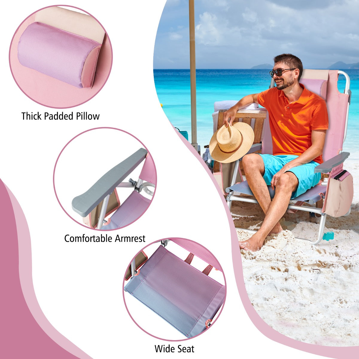 Costway Strandstoelen en Tafel Set Inklapbare Campingstoelen met Verstelbare Rugleuning Hoofdsteun Zijzakken Ijszakken Lichte Klapstoelen (Roze)