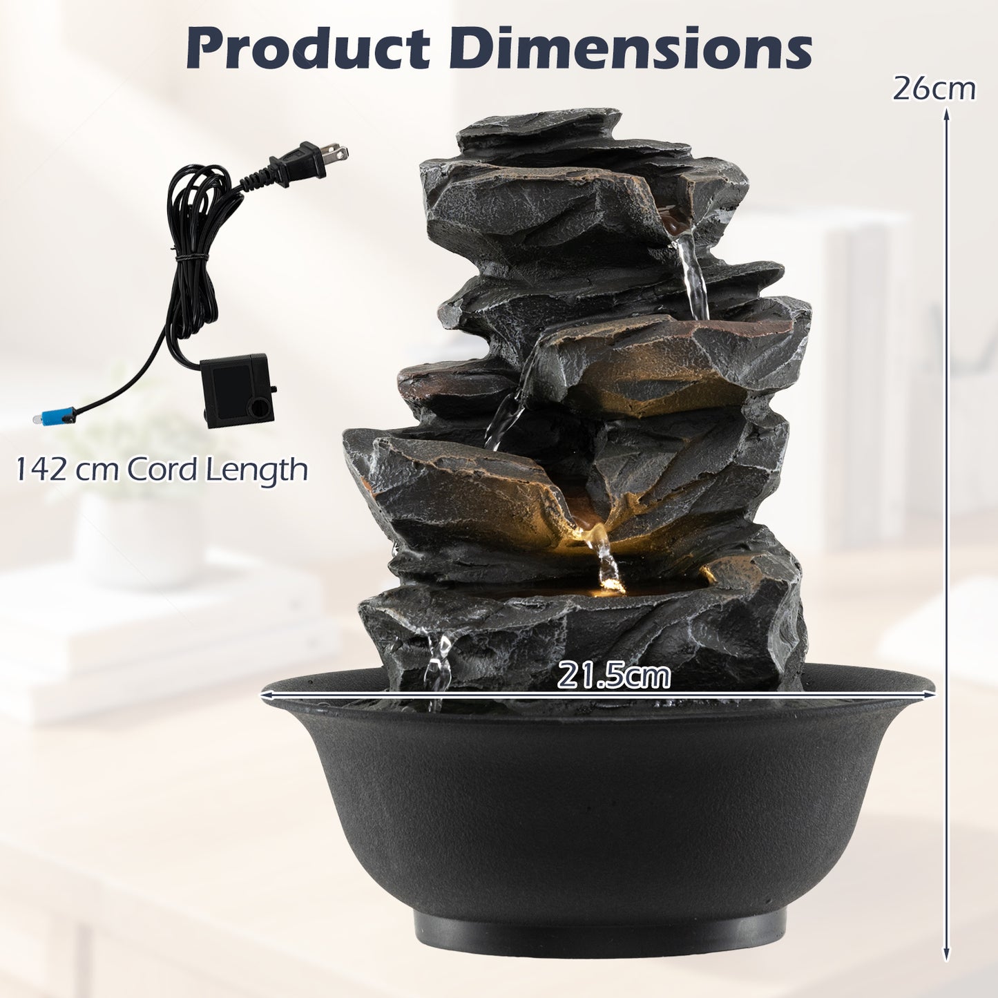 Costway Tafelspringfontein Waterval met Steen-effect Gekleurd LED-licht en Stille Pomp