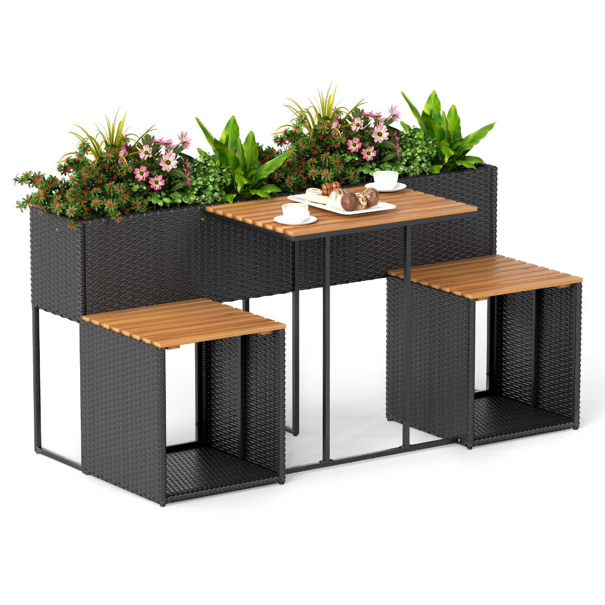 Costway Terrasmeubelset met Verhoogd Tuinbed PE-rotan Tuintafel met Geïntegreerde Stoelen en Opbergruimte Acaciahouten Zitgroep Zitmeubelset met Stabiel Metalen Frame