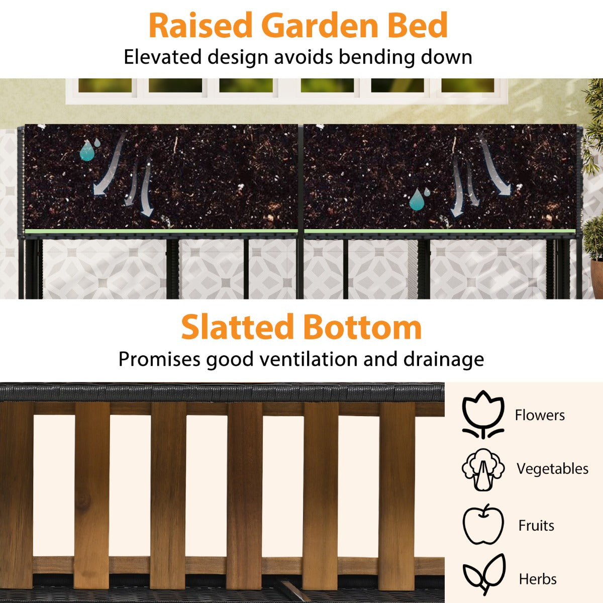 Costway Terrasmeubelset met Verhoogd Tuinbed PE-rotan Tuintafel met Geïntegreerde Stoelen en Opbergruimte Acaciahouten Zitgroep Zitmeubelset met Stabiel Metalen Frame