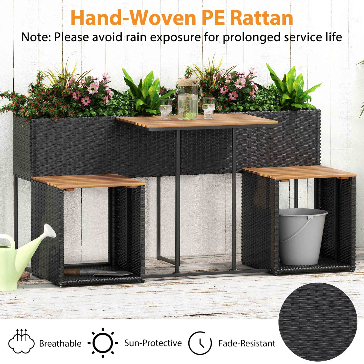 Costway Terrasmeubelset met Verhoogd Tuinbed PE-rotan Tuintafel met Geïntegreerde Stoelen en Opbergruimte Acaciahouten Zitgroep Zitmeubelset met Stabiel Metalen Frame