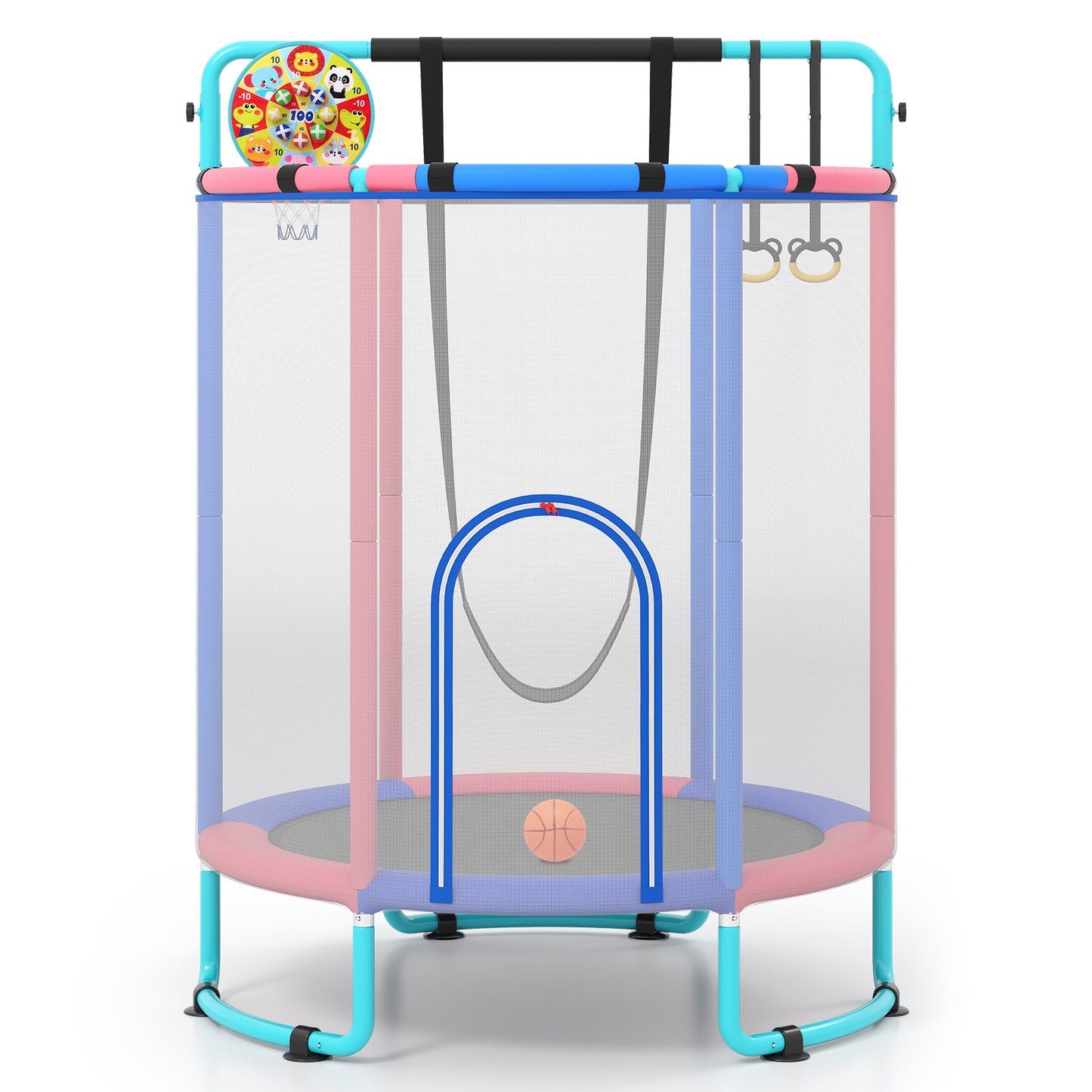 Costway Trampoline voor Kinderen 154 cm 6-in-1 Kindentrampoline met Turnstang Schommel en Ringen Blauw